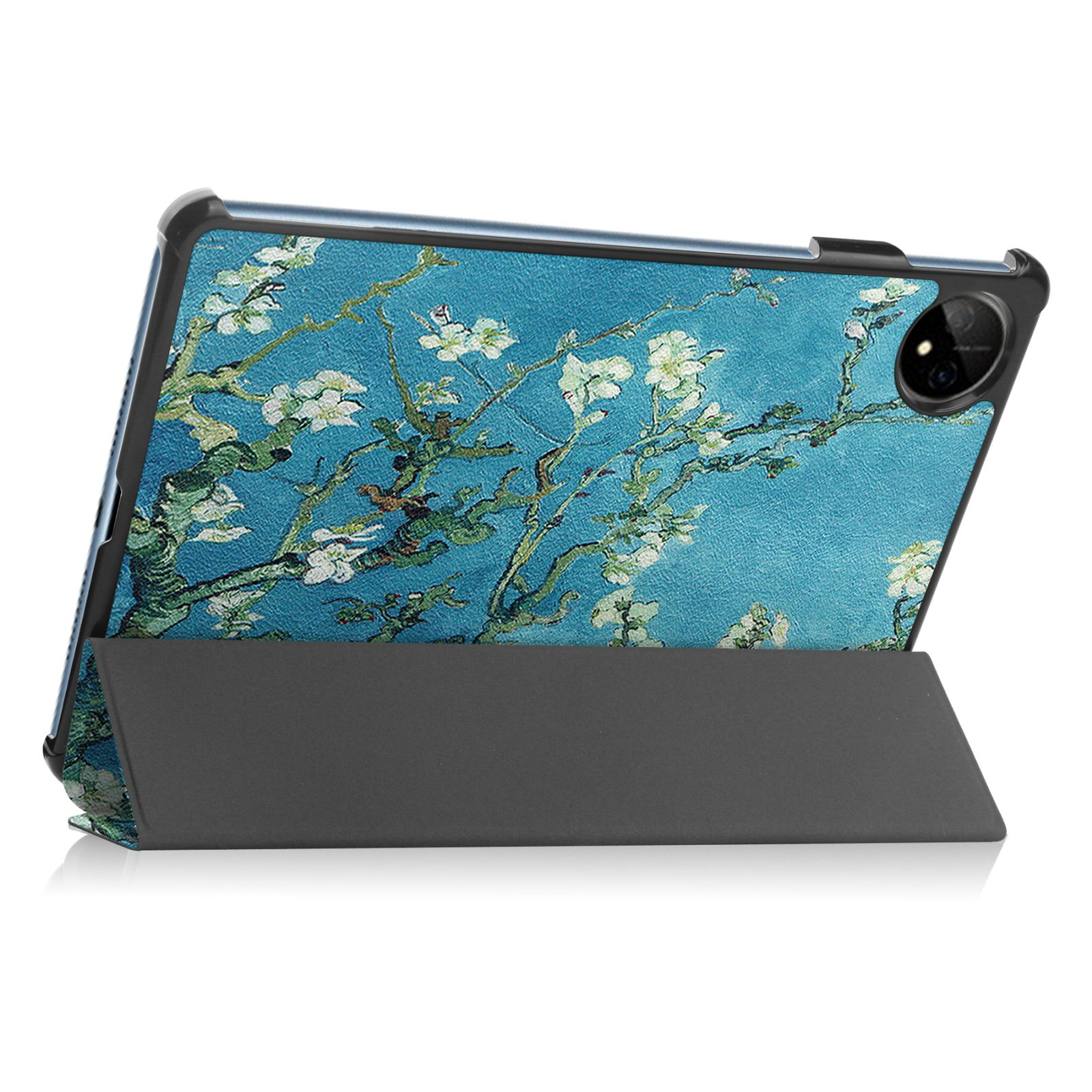 Tablethülle mit Van Goghs Kunstwerk. Die Hülle steht offen. Blauer Hintergrund mit weißen Blumen.