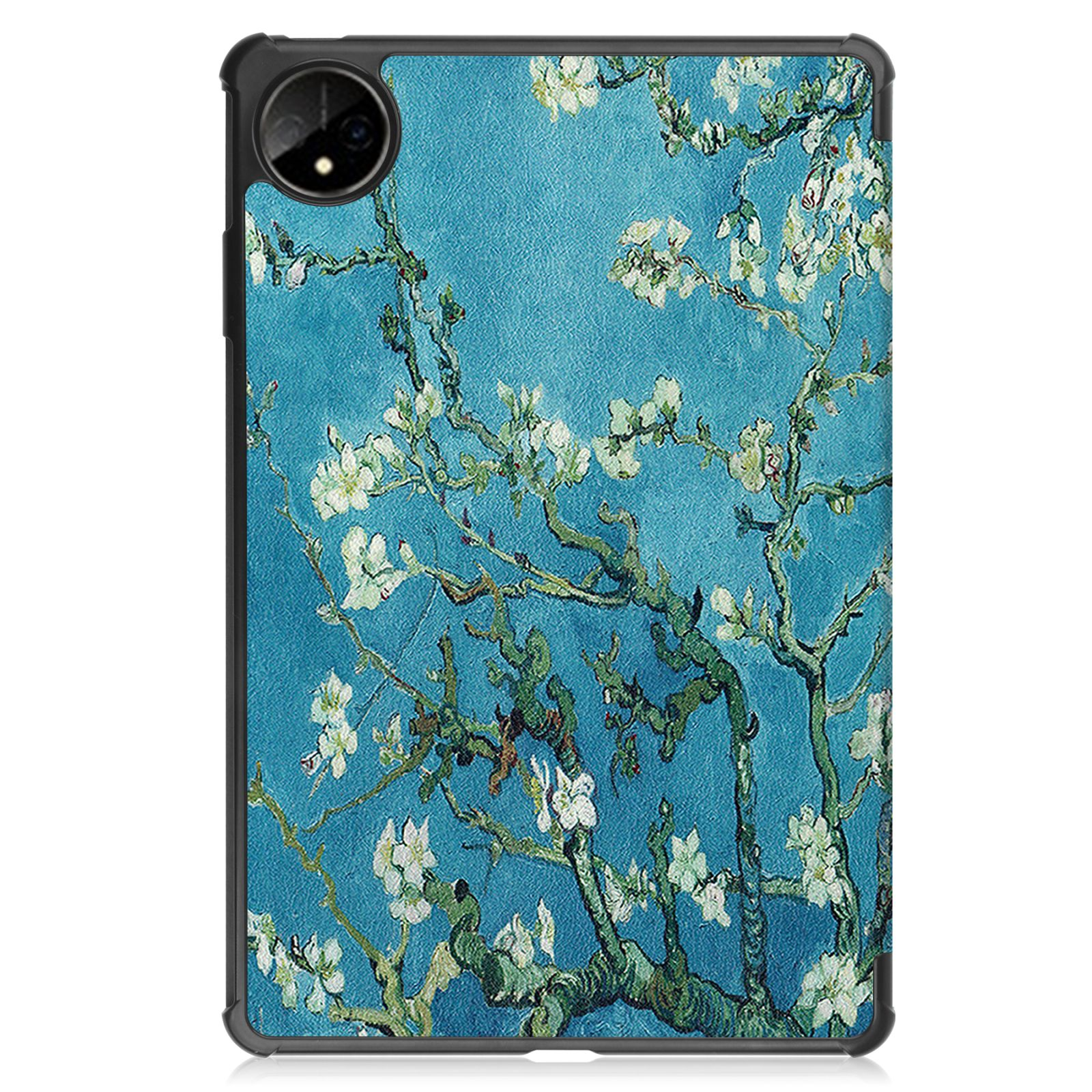 Tablet-Hülle, geschlossen, mit Van-Gogh-Gemälde auf der Rückseite, blauer Himmel und weiße Blütenzweige.