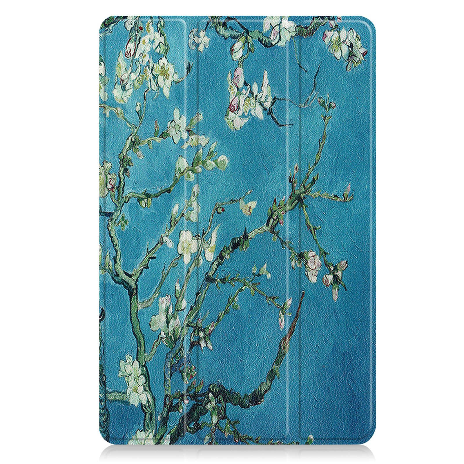 Tablethülle mit einem Blumenbild eines Baumes mit weißen Blüten auf blauem Hintergrund.