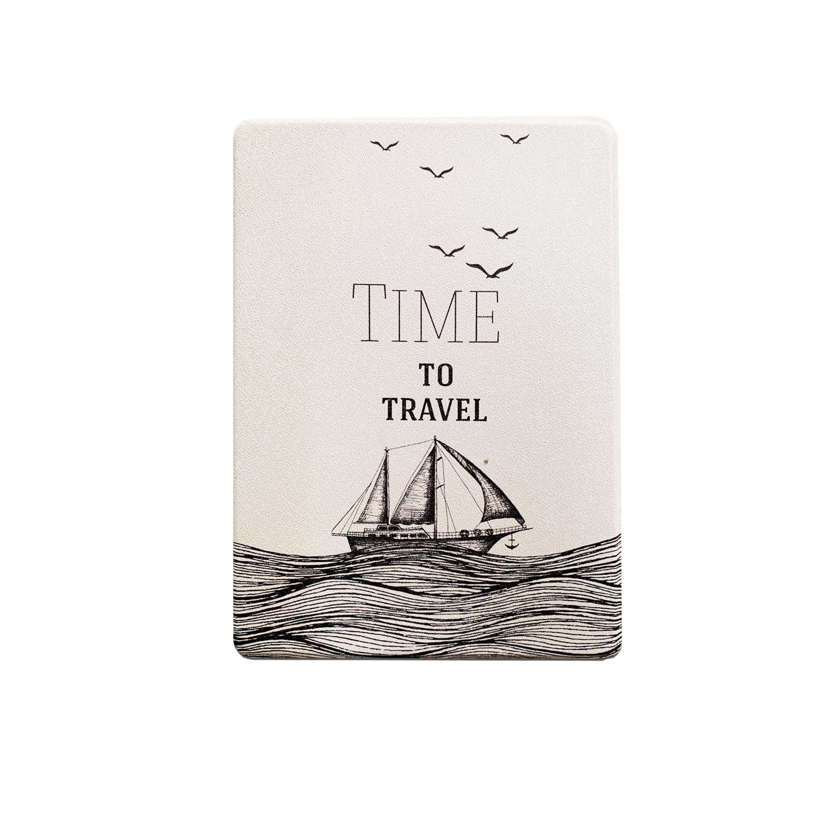 Tablet-Hülle mit Segelboot auf welligem Wasser, Text 'ZEIT ZU REISEN' und Vögeln.