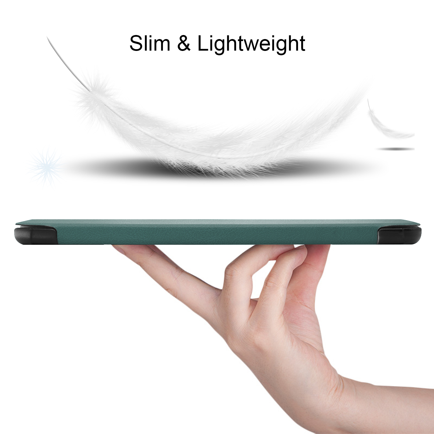 Tablet wird von Hand gehalten. Die Hülle ist türkis und schlank. Eine weiße Feder schwebt darüber.