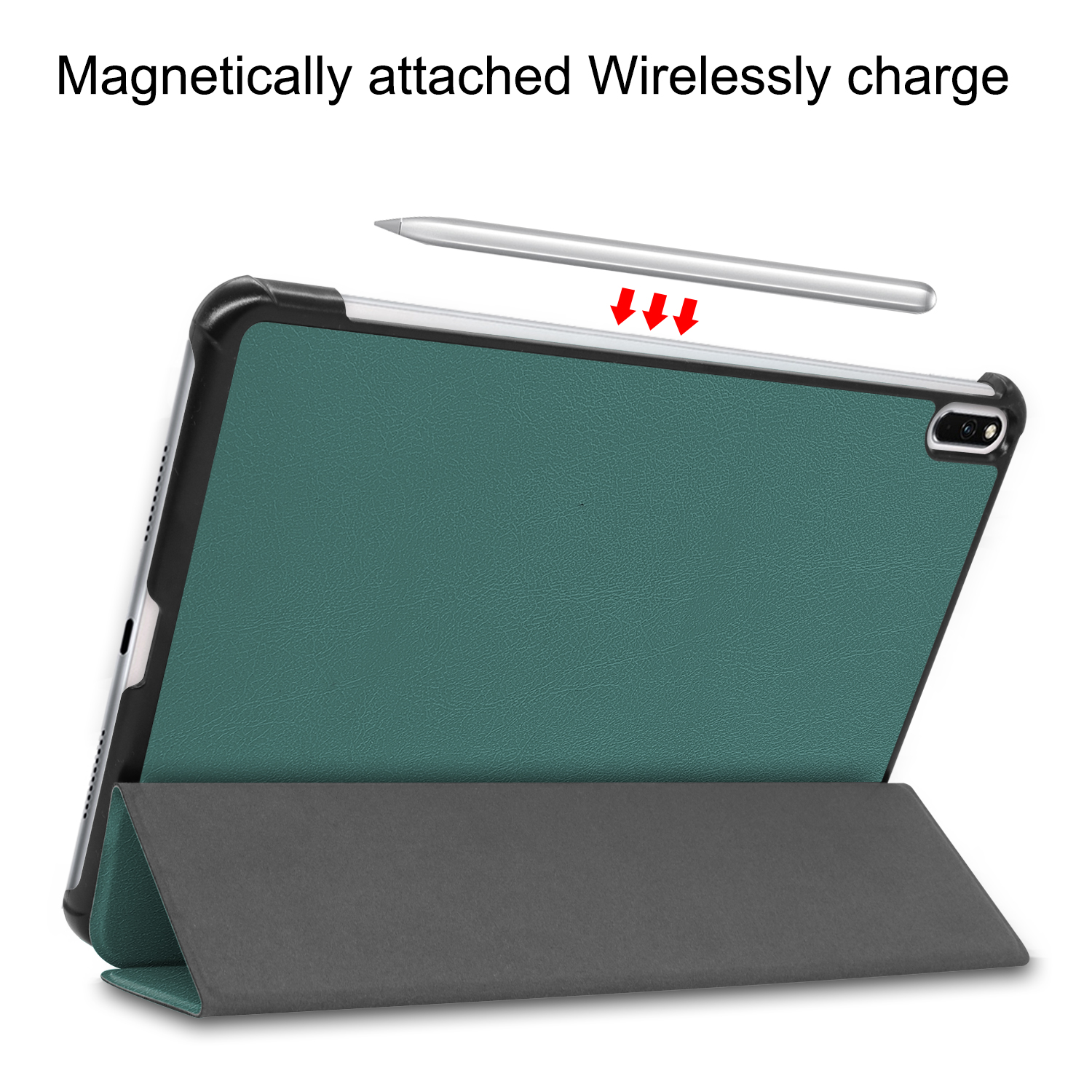 Tablet mit grüner Hülle, aufgestellt. Ein Stift darüber, mit roten Pfeilen nach unten.