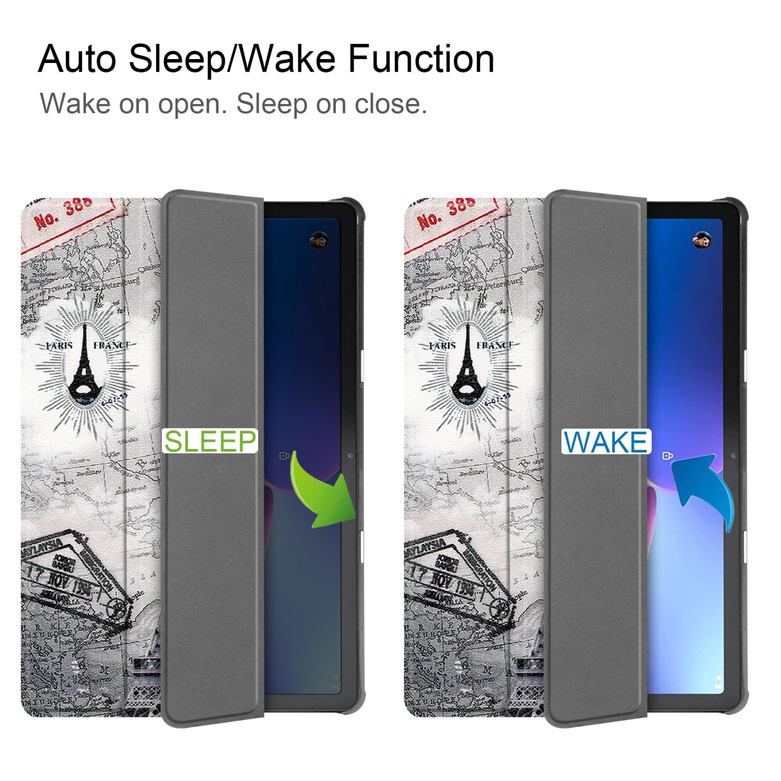 Tablethülle offen, mit Kartenmuster. Die linke Seite sagt 'SLEEP', die rechte 'WAKE' mit Pfeilen.