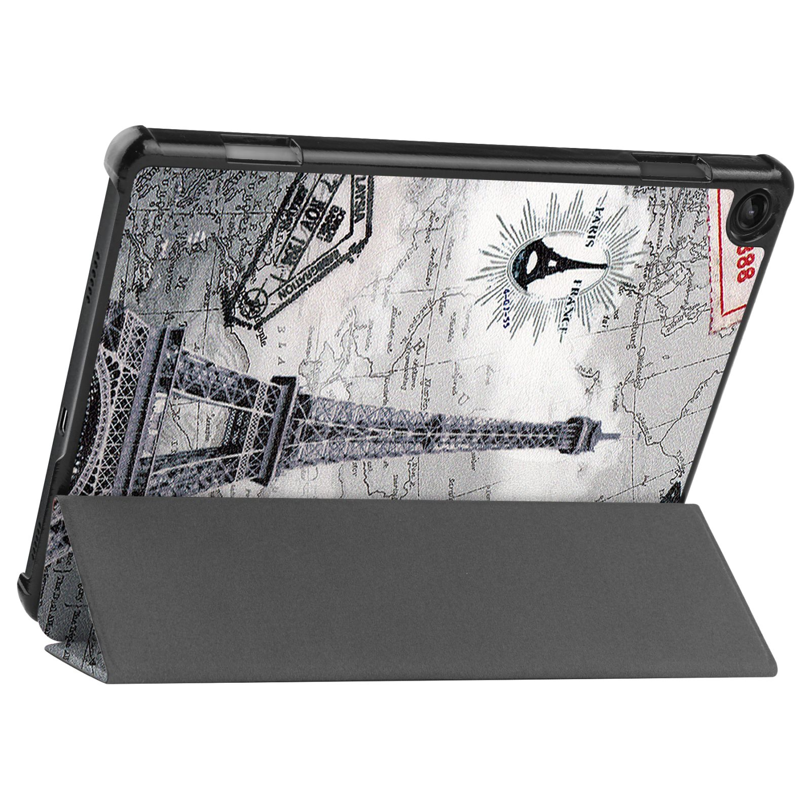 Tablet-Hülle mit Eiffelturm-Aufdruck in Schwarz und Grau, mit Ständerfunktion.