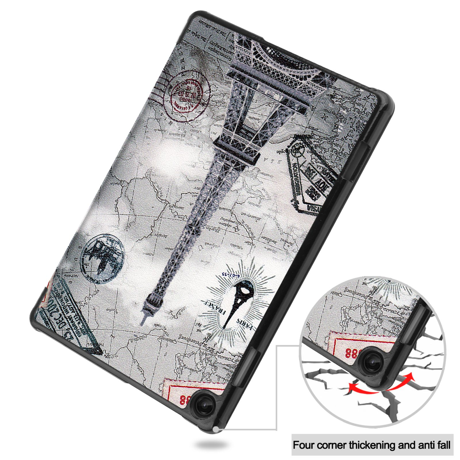 Tablet-Hülle mit Eiffelturm-Design auf Kartenhintergrund, mit Nahaufnahme des Eckenschutzes.