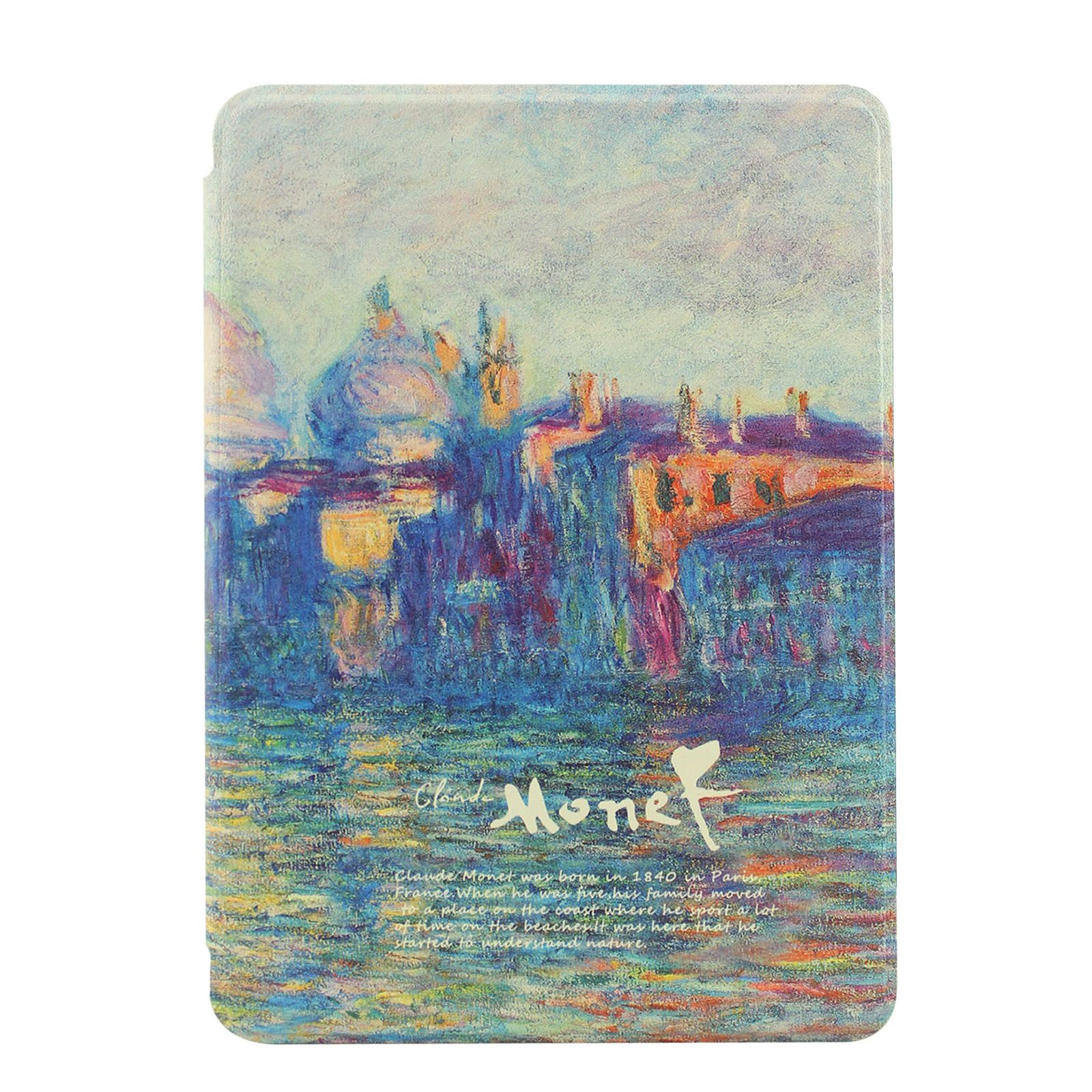 Tablethülle mit Monet-Gemäldedesign. Text am Boden beschreibt Monets Leben und Werk.
