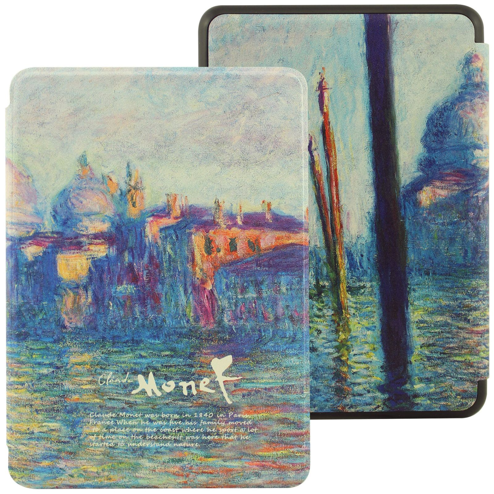 Tablet-Hülle mit einem Monet-Gemälde. Das Tablet ist geöffnet. Der Hintergrund ist weiß.