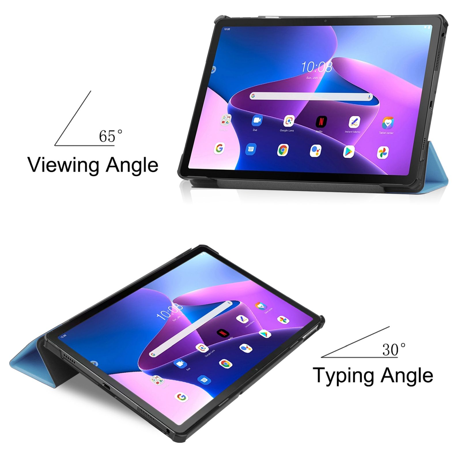 Tablet in Hülle, Winkelansicht, Text: Betrachtungswinkel und Tippwinkel. Tablet auf Oberfläche.