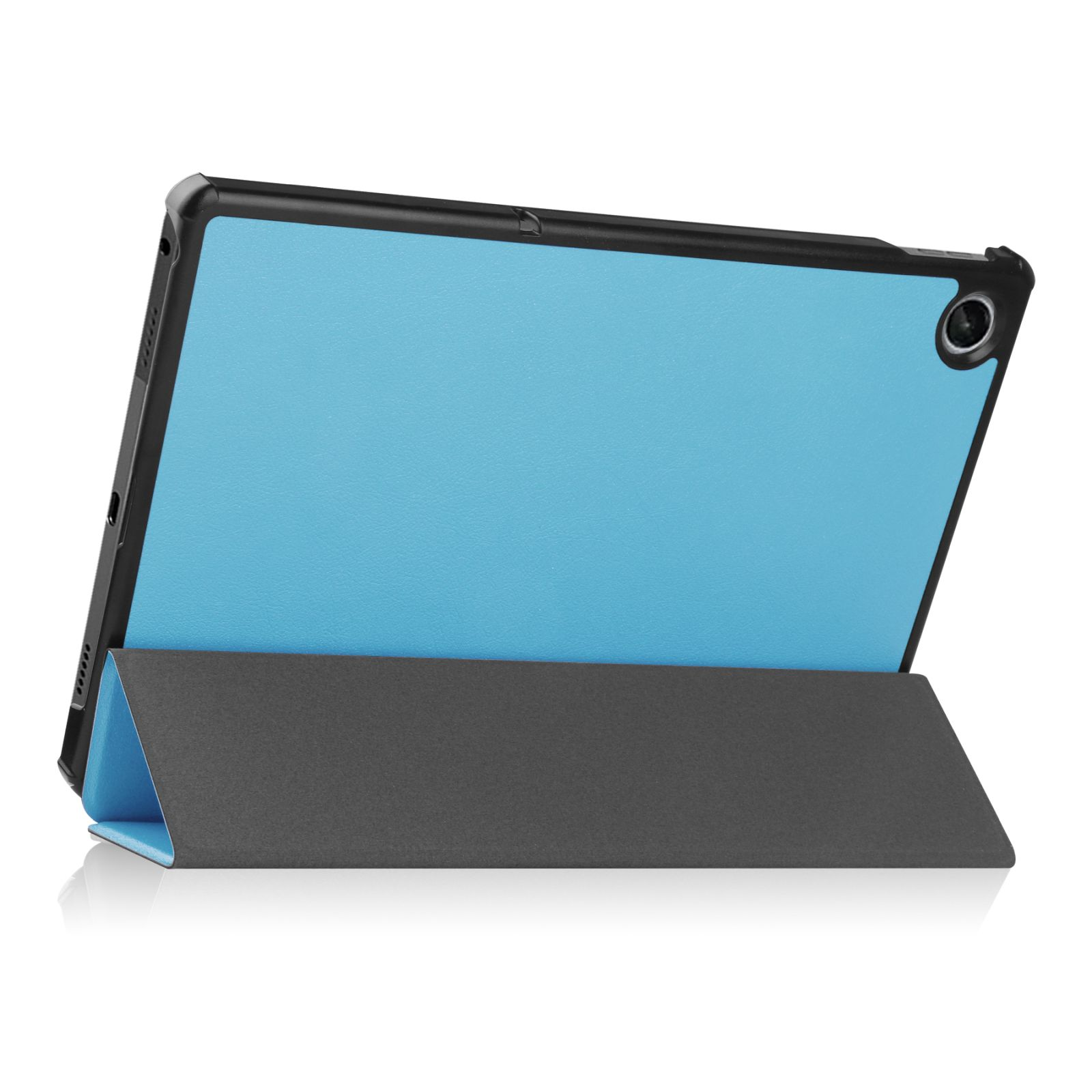 Blaue Tablethülle mit schwarzem Rahmen, zeigt die geöffnete Hülle und den zusammengeklappten Ständer.