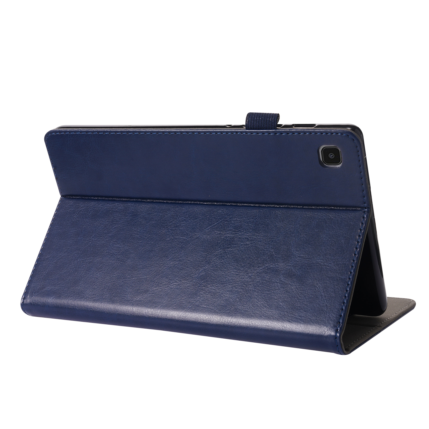 Marineblaue Tablethülle, die sich öffnet, mit dem Tablet darin. Die Hülle hat einen Ständer und einen weißen Hintergrund.