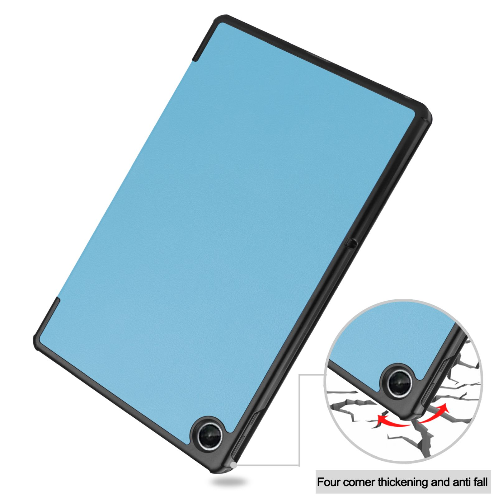 Blaue Tablet-Hülle mit schwarzem Rand. Zerbrochene Ecke in Detailansicht gezeigt.
