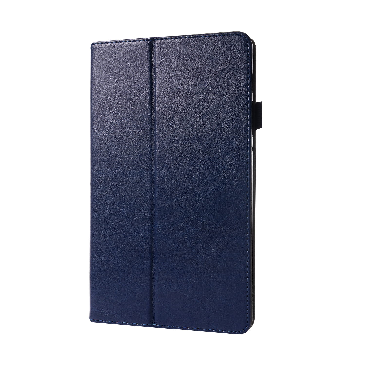 Dunkelblaue Tablet-Hülle, geschlossen und aufrecht, mit schwarzem Riemen auf der rechten Seite.