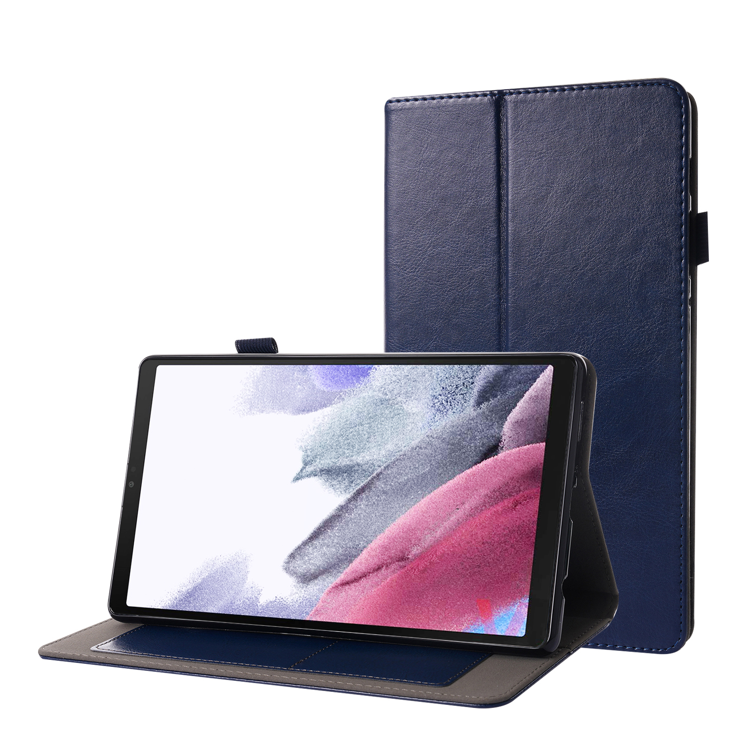 Blaue Tablethülle mit Tablet darin. Eine zweite geschlossene Hülle steht dahinter.