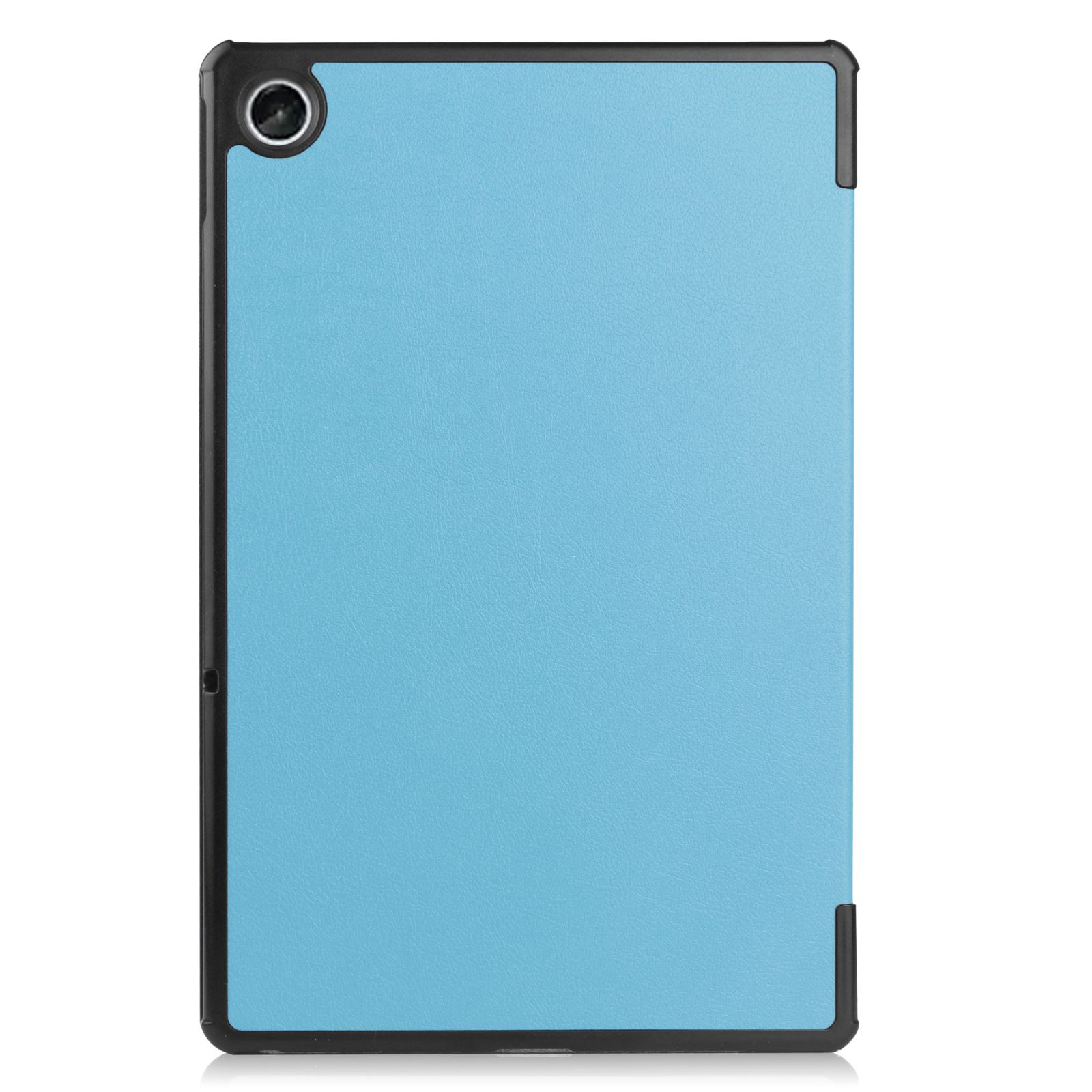 Blaue Tablet-Hülle mit schwarzem Rahmen. Rückansicht mit Kamera-Loch.