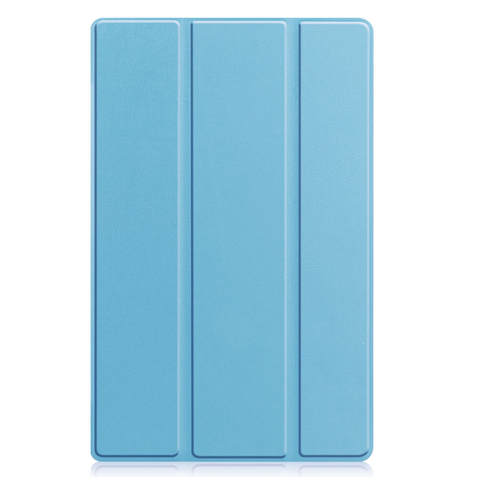 Eine hellblaue Tablet-Hülle, geschlossen. Die Hülle hat drei vertikale Rippen und eine reflektierende Oberfläche.