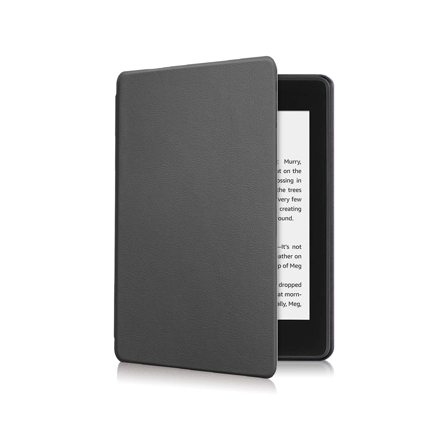 Schwarzer E-Reader in einem grauen Cover, geöffnet. Zeigt einen weißen Bildschirm mit schwarzem Text.