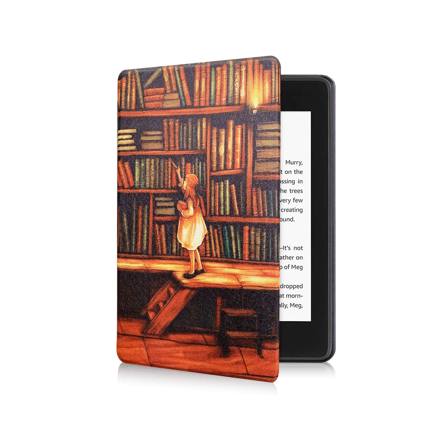 E-Reader mit Cover. Das Cover zeigt ein Mädchen in einer Bibliothek, das nach einem Buch greift.