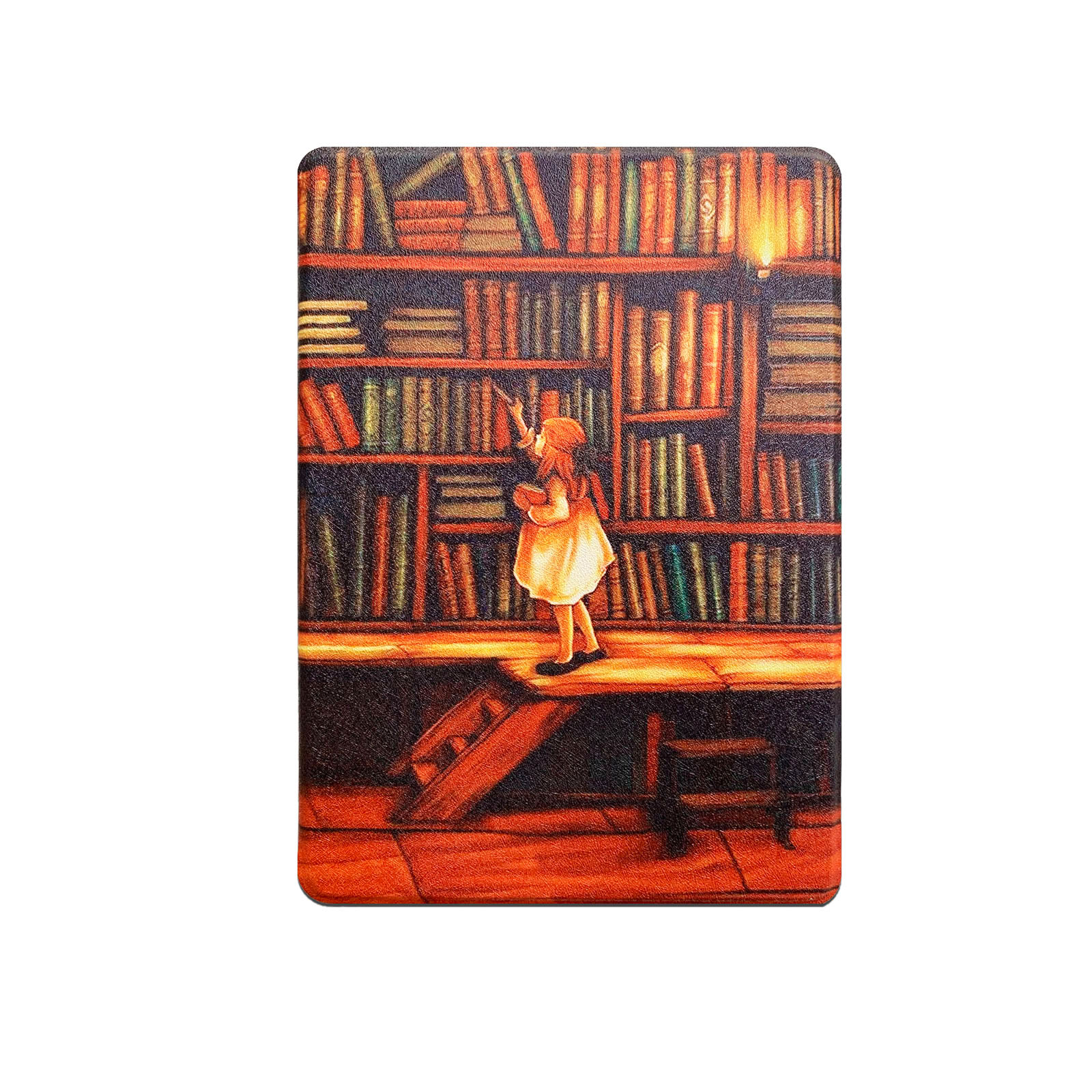 Tablet-Hülle mit Bibliotheksbild. Ein Mädchen auf einer Leiter greift nach einem Buch.