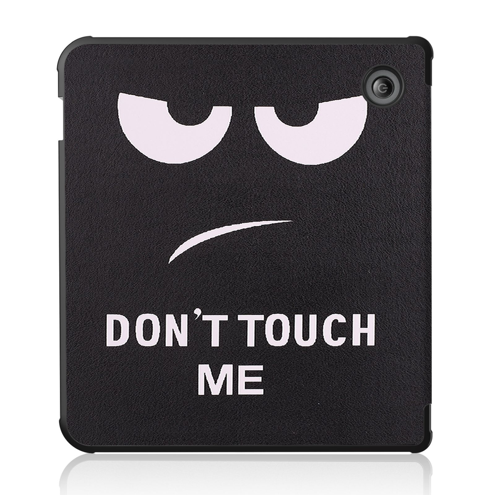 Schwarze Tablethülle mit weißem, missmutigen Gesicht und den Worten 'DON'T TOUCH ME'.