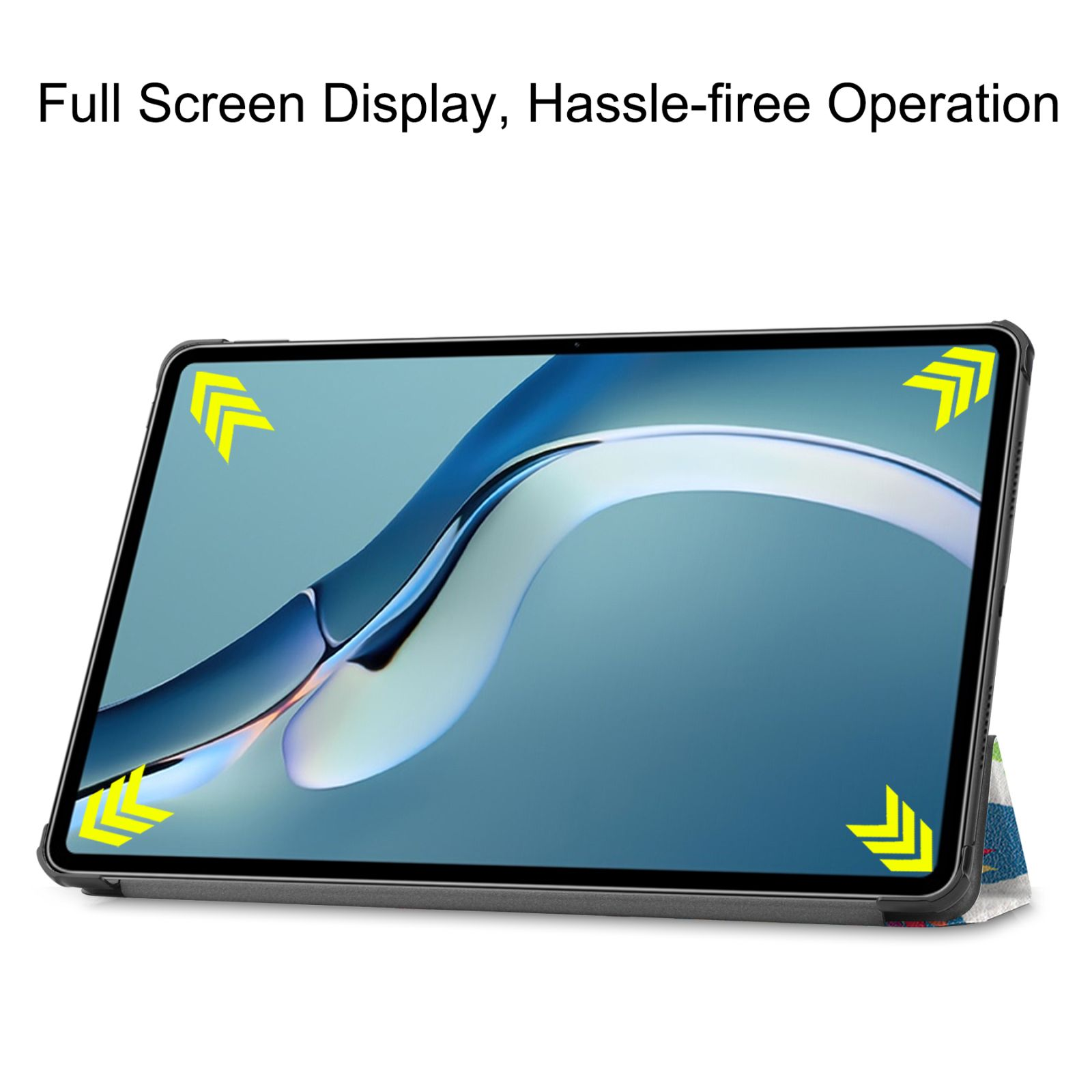 Tablet mit farbenfroher Anzeige, in einer Hülle mit Ständer. Text: 'Full Screen Display'.