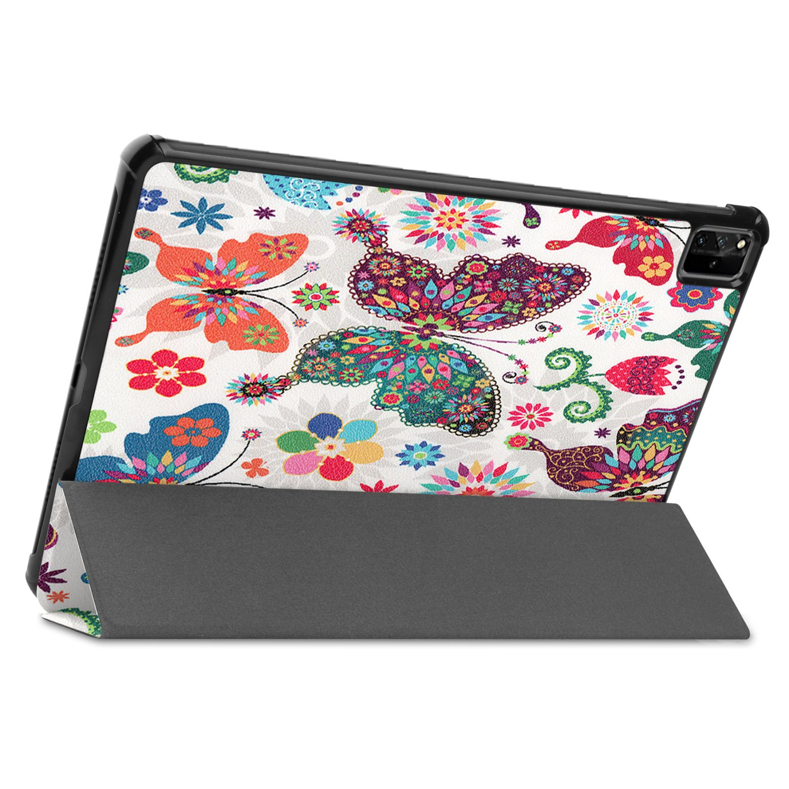 Tablet in einer Hülle mit Schmetterlingen und Blumen auf der Rückseite. Die Hülle ist aufgestellt.