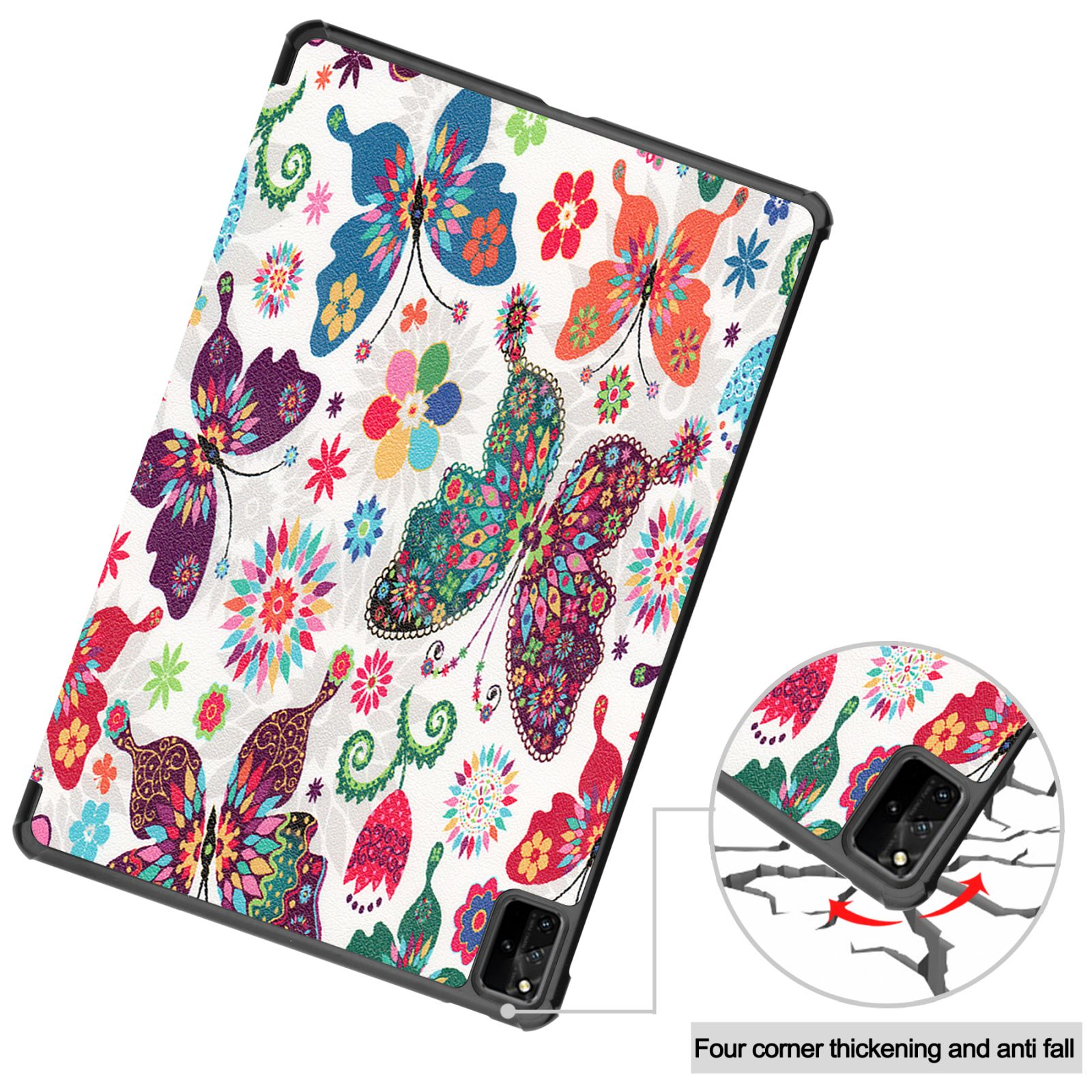 Tablet-Hülle mit Schmetterling- und Blumendesign. Eckenschutz und Anti-Fall-Funktionen.