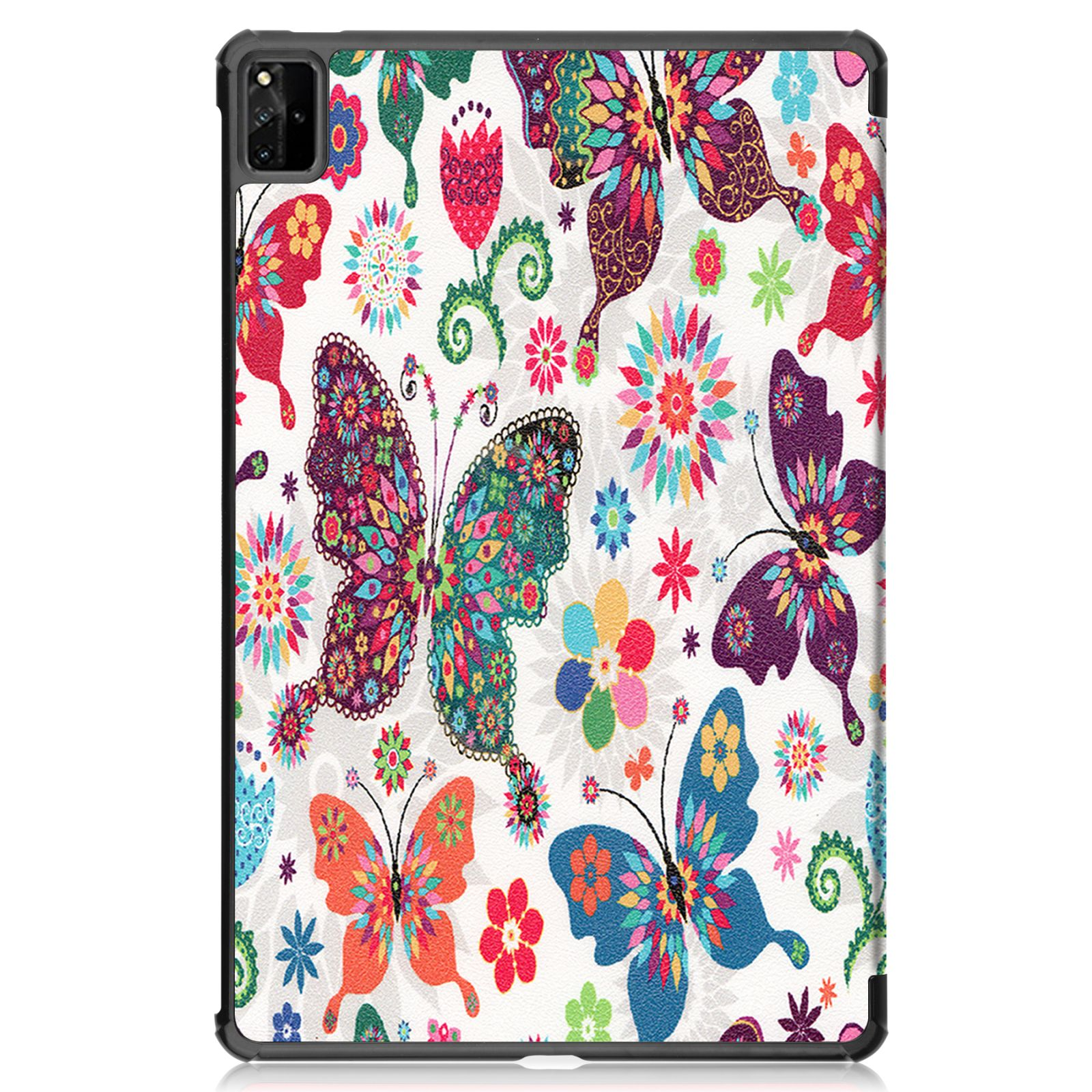 Tablethülle mit floralem Schmetterlingsdesign. Die Schmetterlinge sind farbenfroh und der Hintergrund ist weiß.