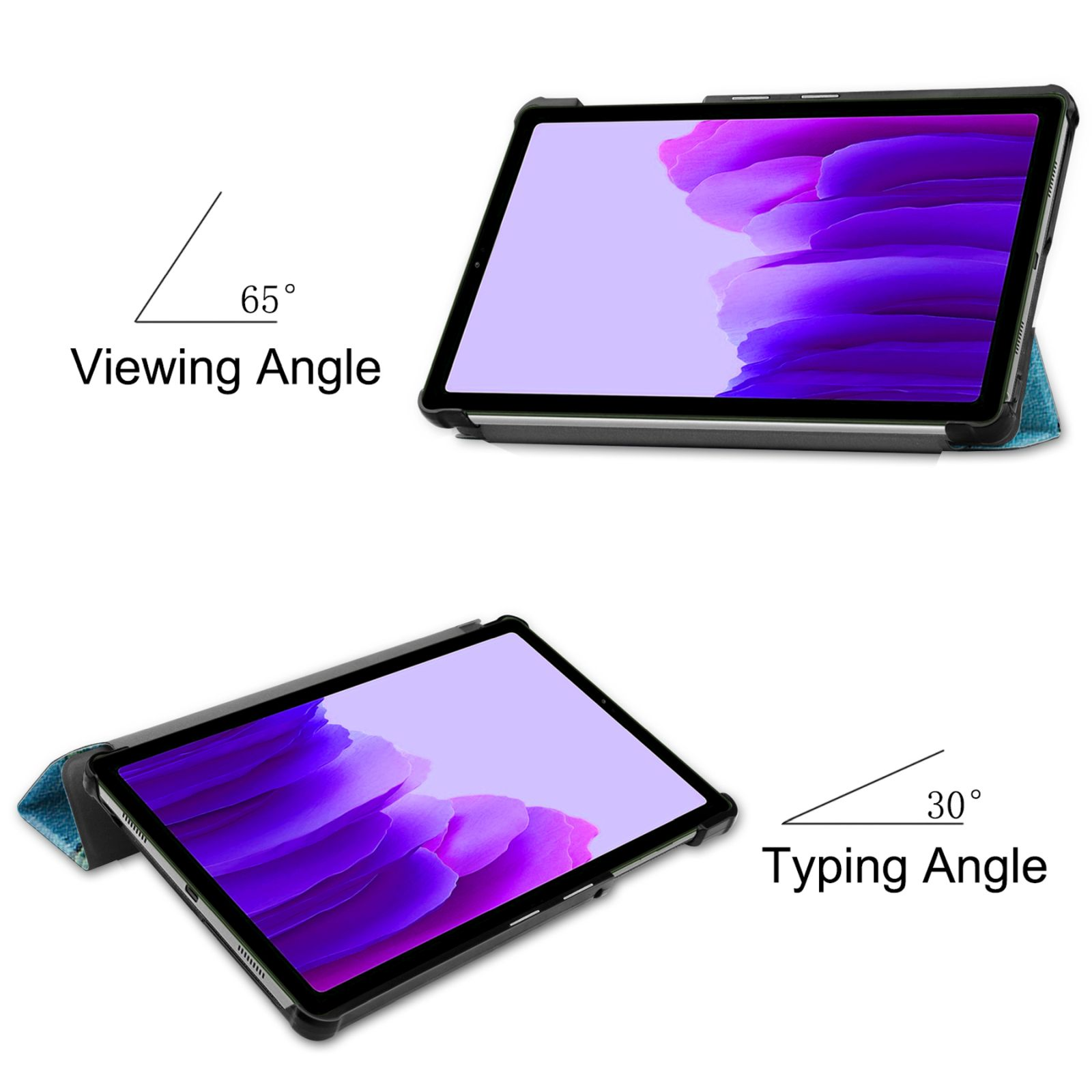 Ein Tablet mit Hülle, das einen Betrachtungswinkel von 65 Grad und einen Tippwinkel von 30 Grad zeigt.