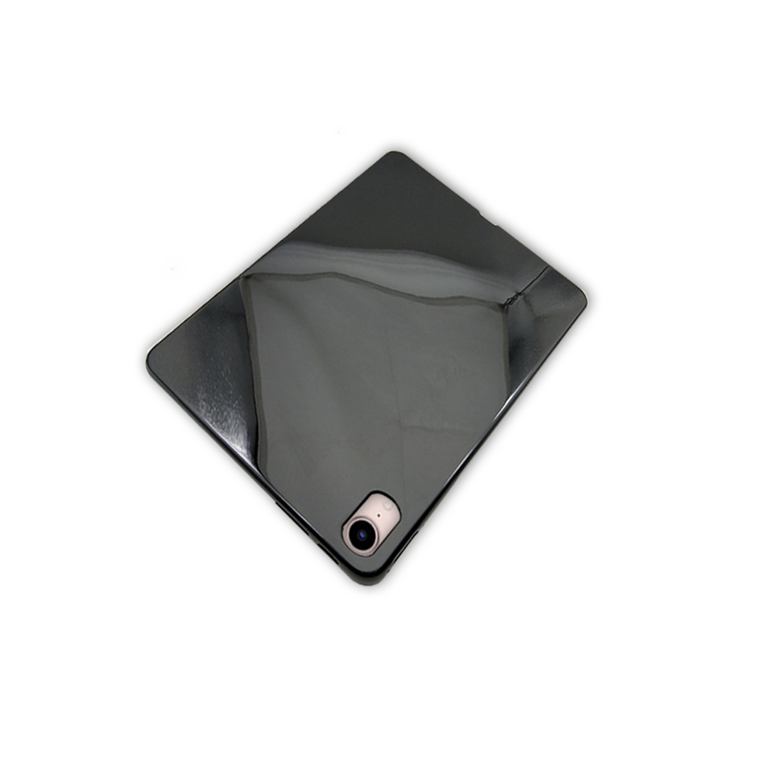 Schwarze Tablet-Hülle auf Weiß. Hülle ist reflektierend, mit Kamera Loch.