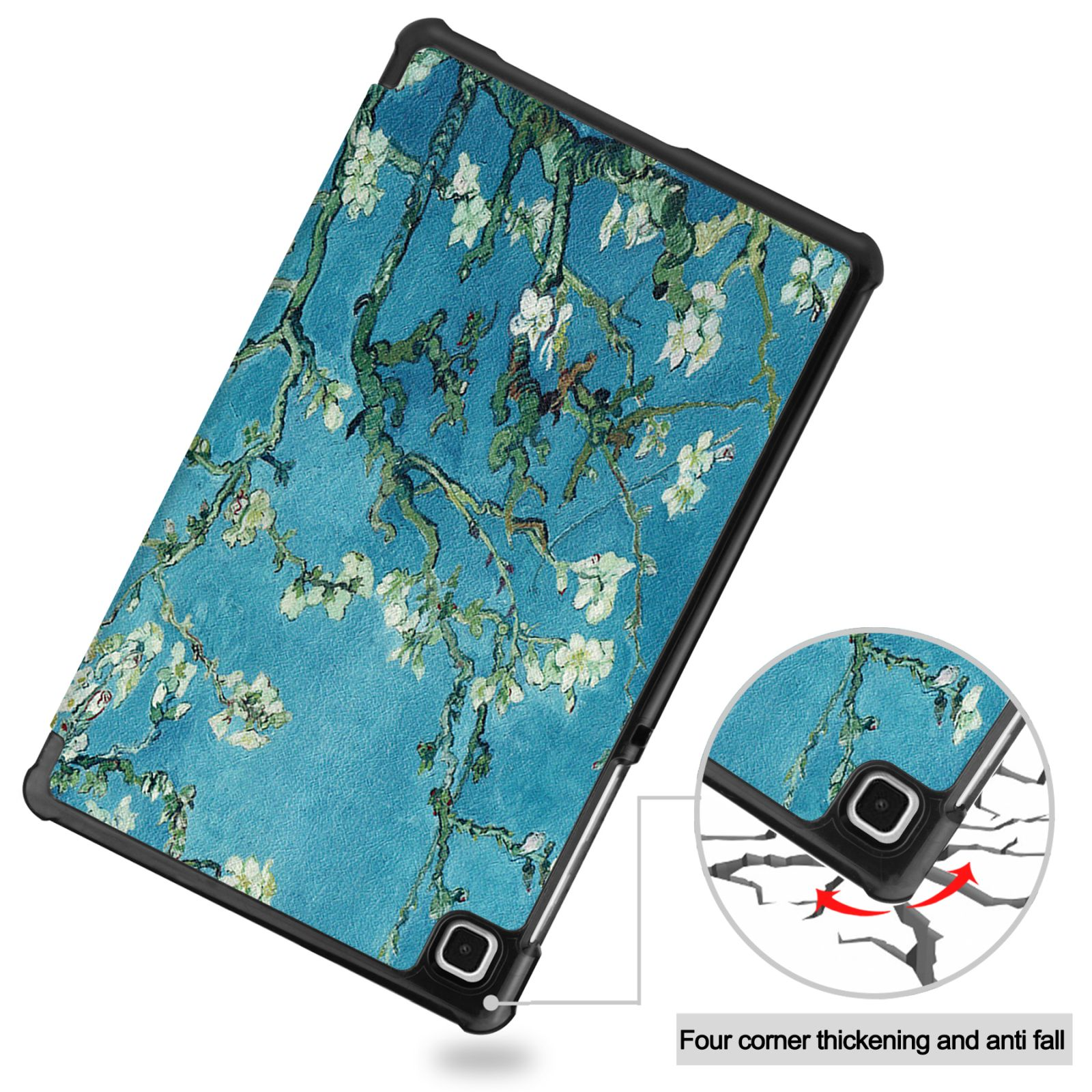Tablethülle mit Van Goghs 'Mandelblüte'. Schwarzer Rahmen, blauer Hintergrund, weiße Blumen.