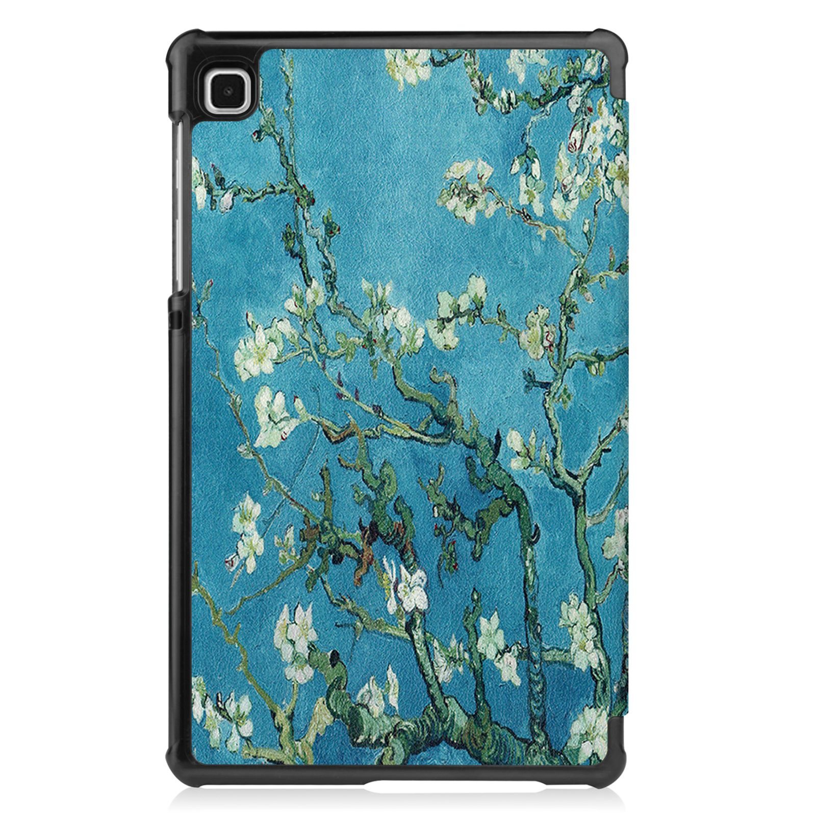 Eine Tablet-Hülle zeigt ein Gemälde von Van Goghs Mandelblüten auf blauem Hintergrund.