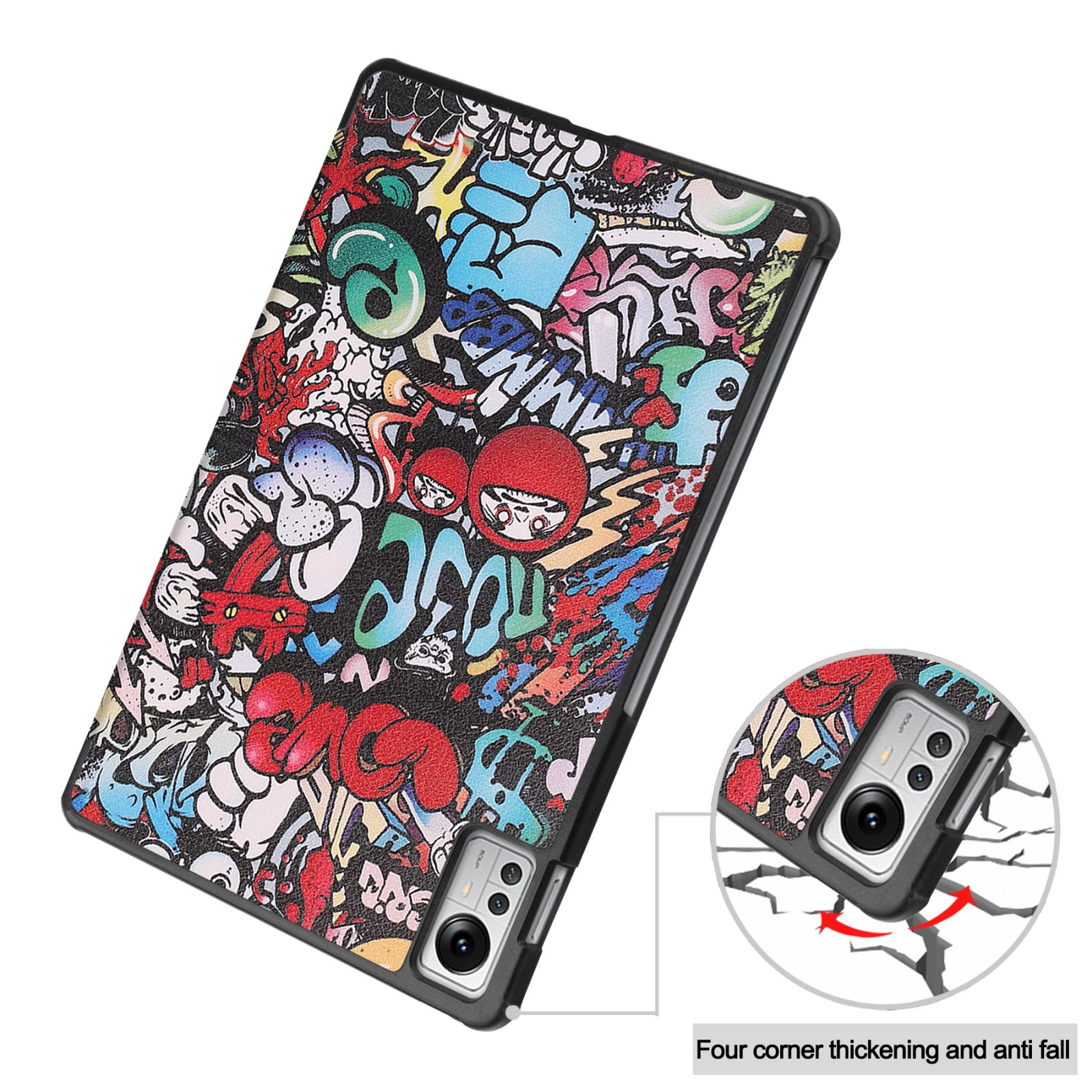 Tablet-Hülle mit farbenfroher Graffiti-Kunst, Nahaufnahme des Eckenschutzes des Tablets.