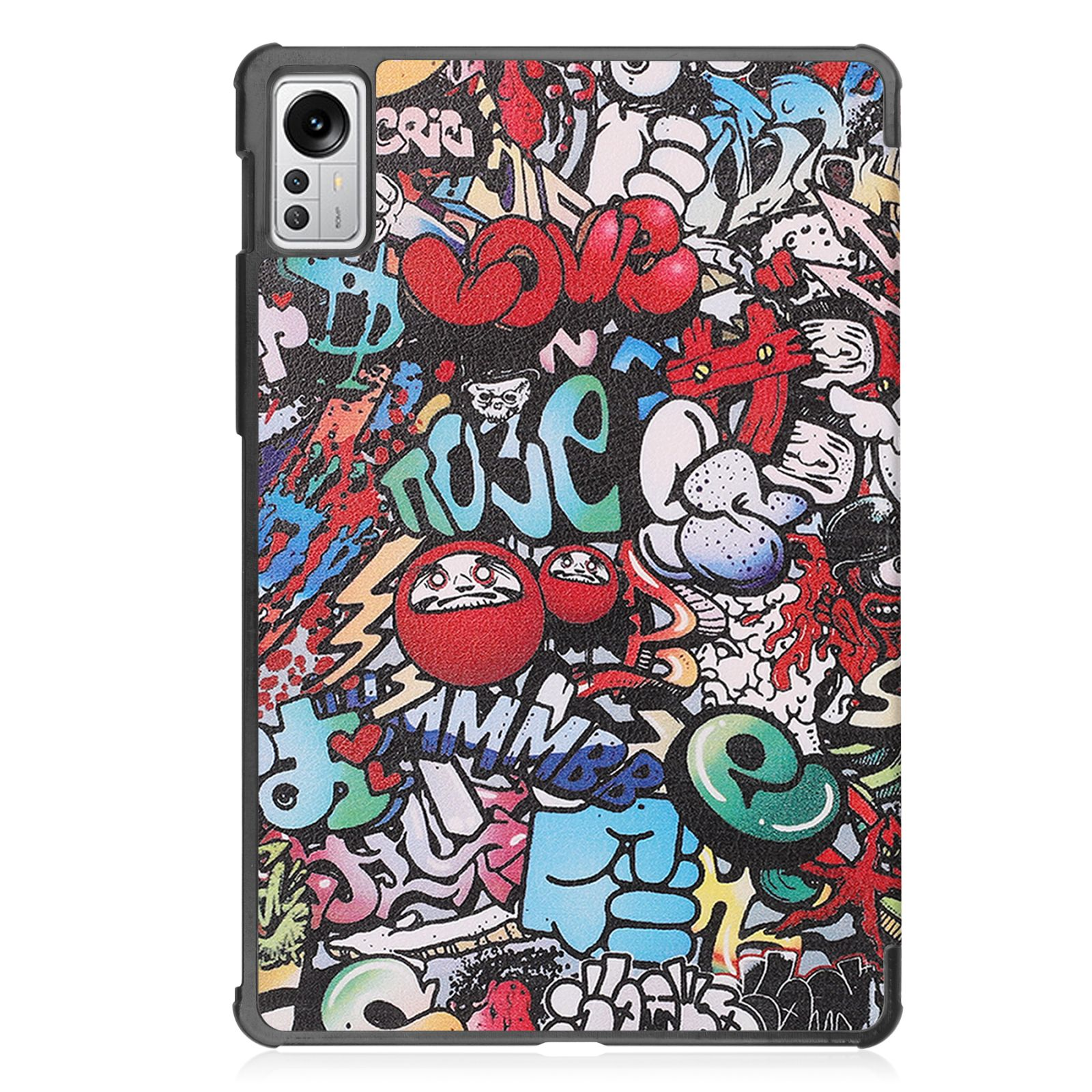 Tablet-Hülle mit farbenfroher Graffiti-Kunst.