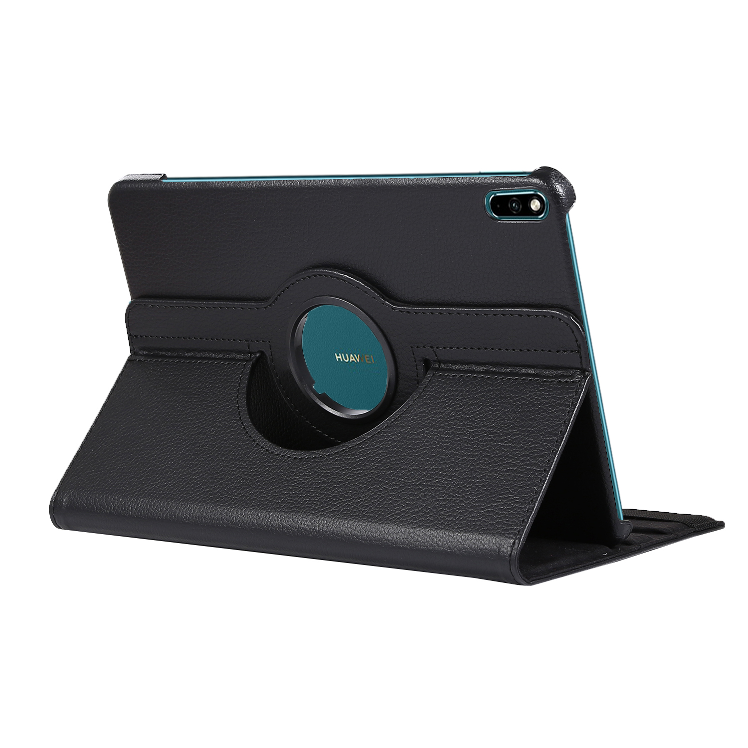 Schwarze Tablethülle mit drehbarem türkisfarbenem Ring für ein Huawei-Tablet, aufgestellt.