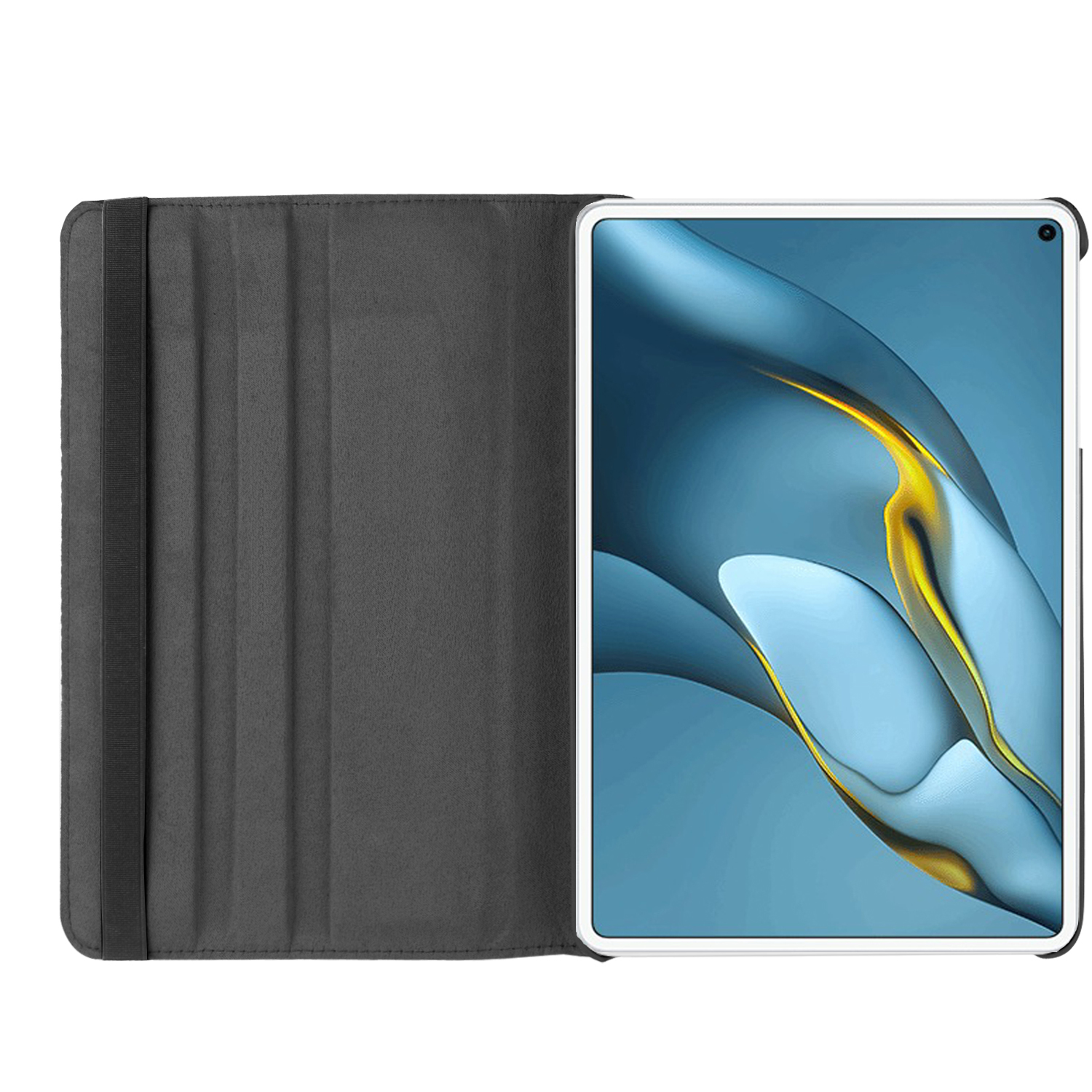 Graue Tablethülle mit Tablet darin, geöffnet, zeigt den Bildschirm.
