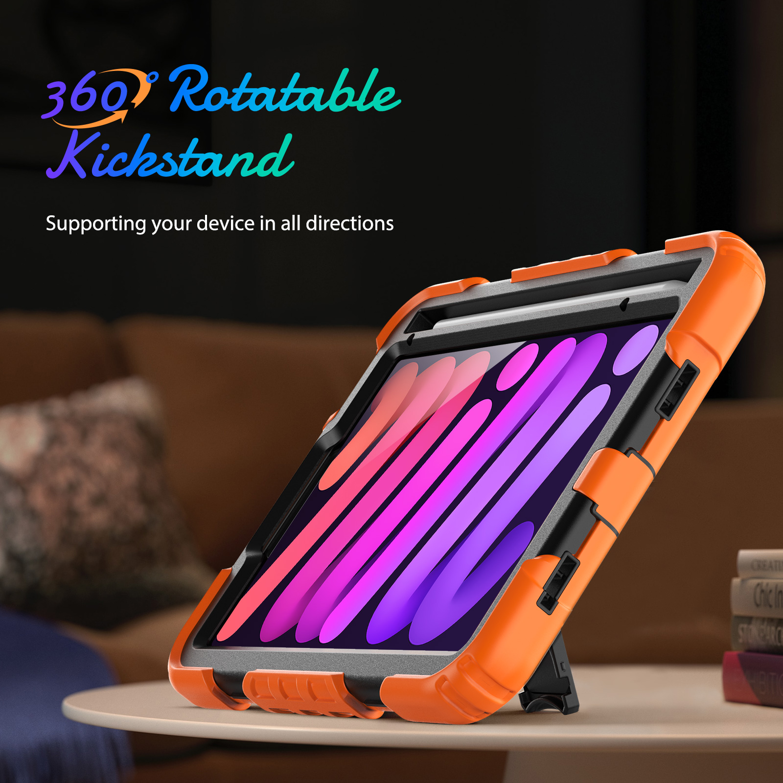 Orangene Tablethülle mit schwarzem Rahmen, unterstützt ein Tablet mit Ständer.