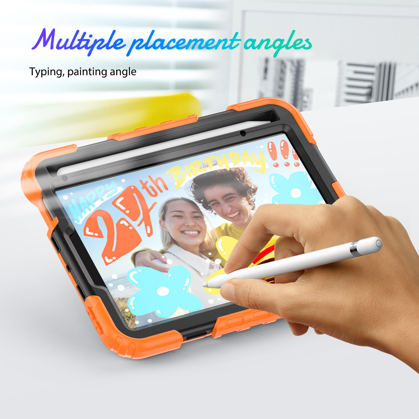 Tablet in einer orangefarbenen und schwarzen Hülle, zeigt ein Foto und eine Hand mit Stift. Weißer Hintergrund.