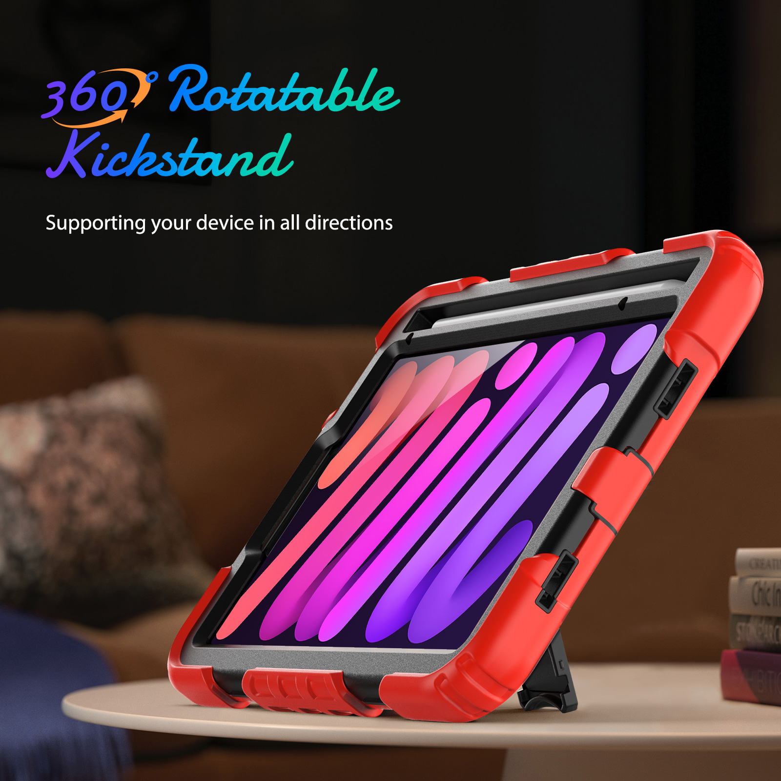 Rote Tablethülle mit Ständer, unterstützt ein Tablet in einer Schutzhülle. Zeigt eine farbenfrohe Oberfläche.