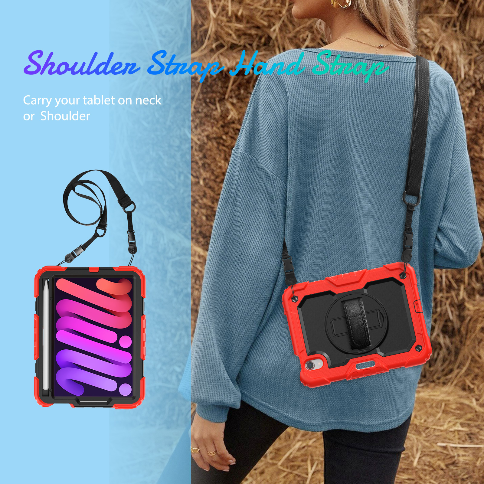 Frau, die eine Tablet-Hülle mit Schultergurt trägt, und eine Tablet-Hülle mit Gurt links.
