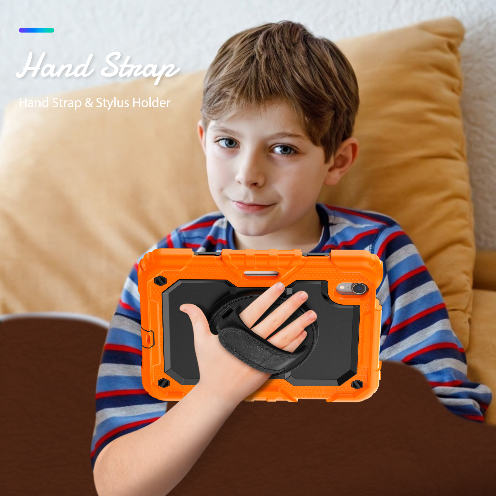 Kind hält orangefarbene Tablethülle mit Handschlaufe. Die Hülle hat ein robustes Design.