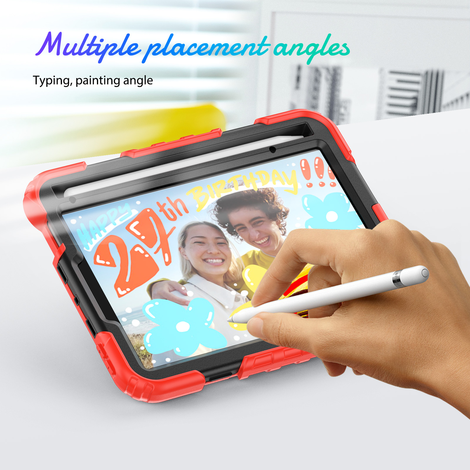 Tablet in roter Hülle mit Geburtstagsbild. Eine Hand mit Stift ist sichtbar.