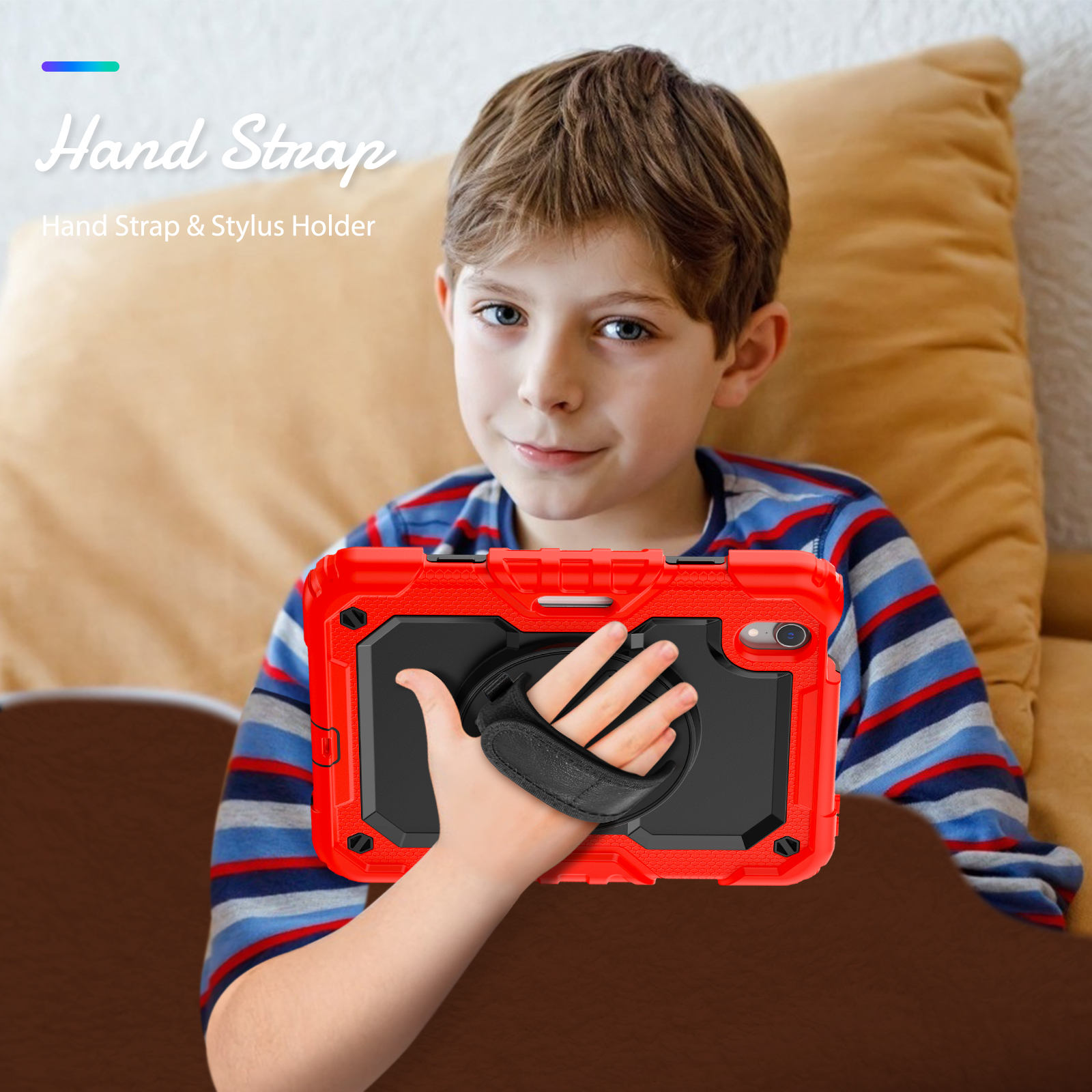 Ein Junge hält ein Tablet in einem roten Gehäuse. Das Gehäuse hat eine Handschlaufe und einen Stifthalter.