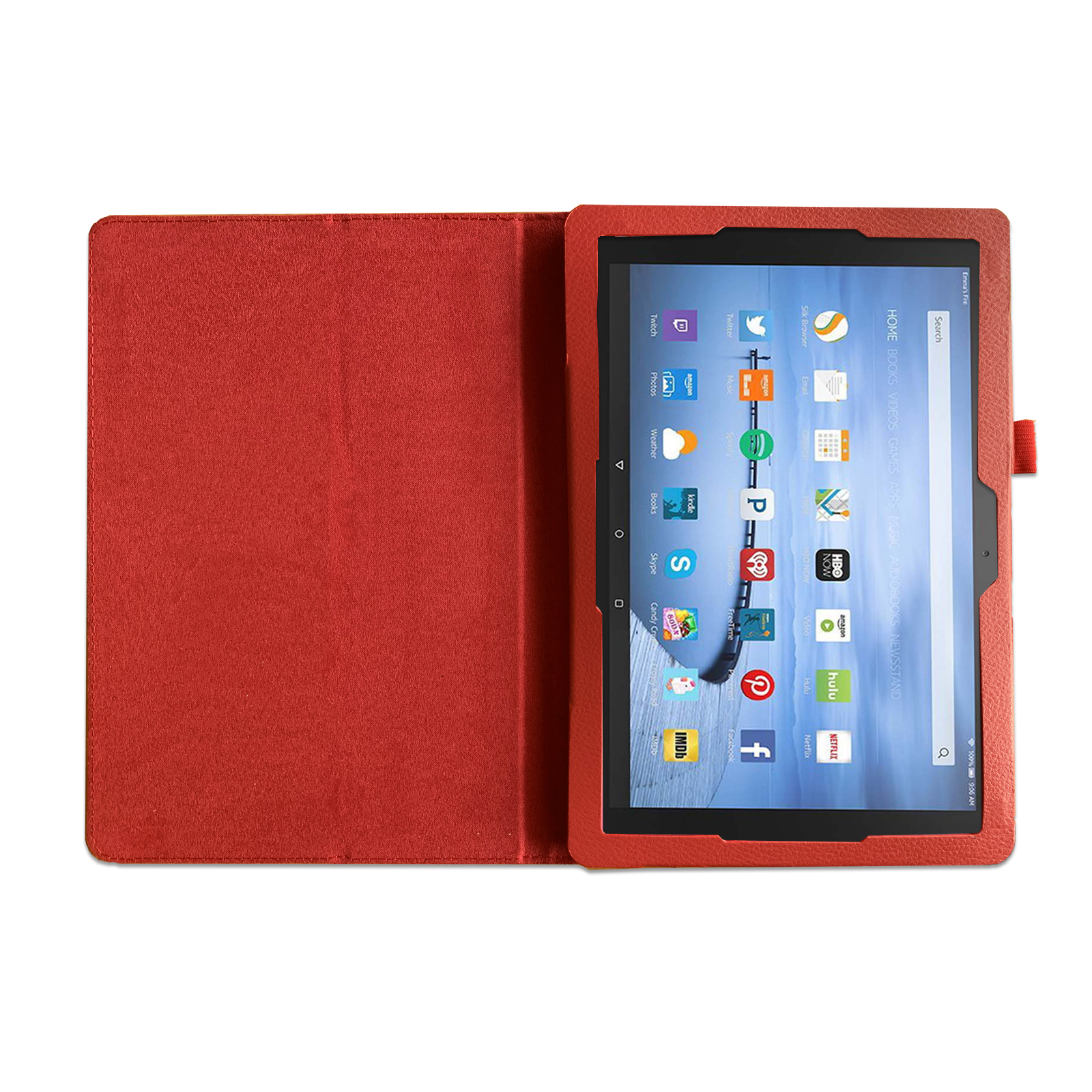 Offene rote Tablethülle mit Tablet darin. Der Tablet-Bildschirm zeigt App-Symbole.