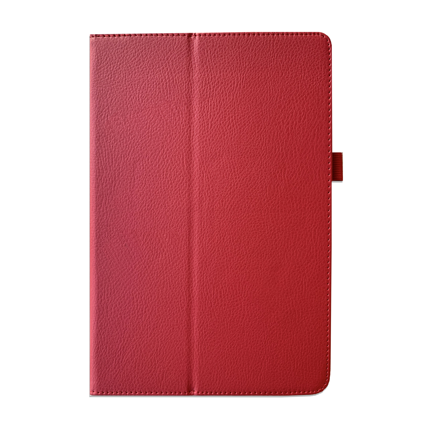 Rote Leder-Tablethülle, geschlossen. Merkmale sind eine glatte Textur mit einer vertikalen Naht und einem kleinen Laschenverschluss.