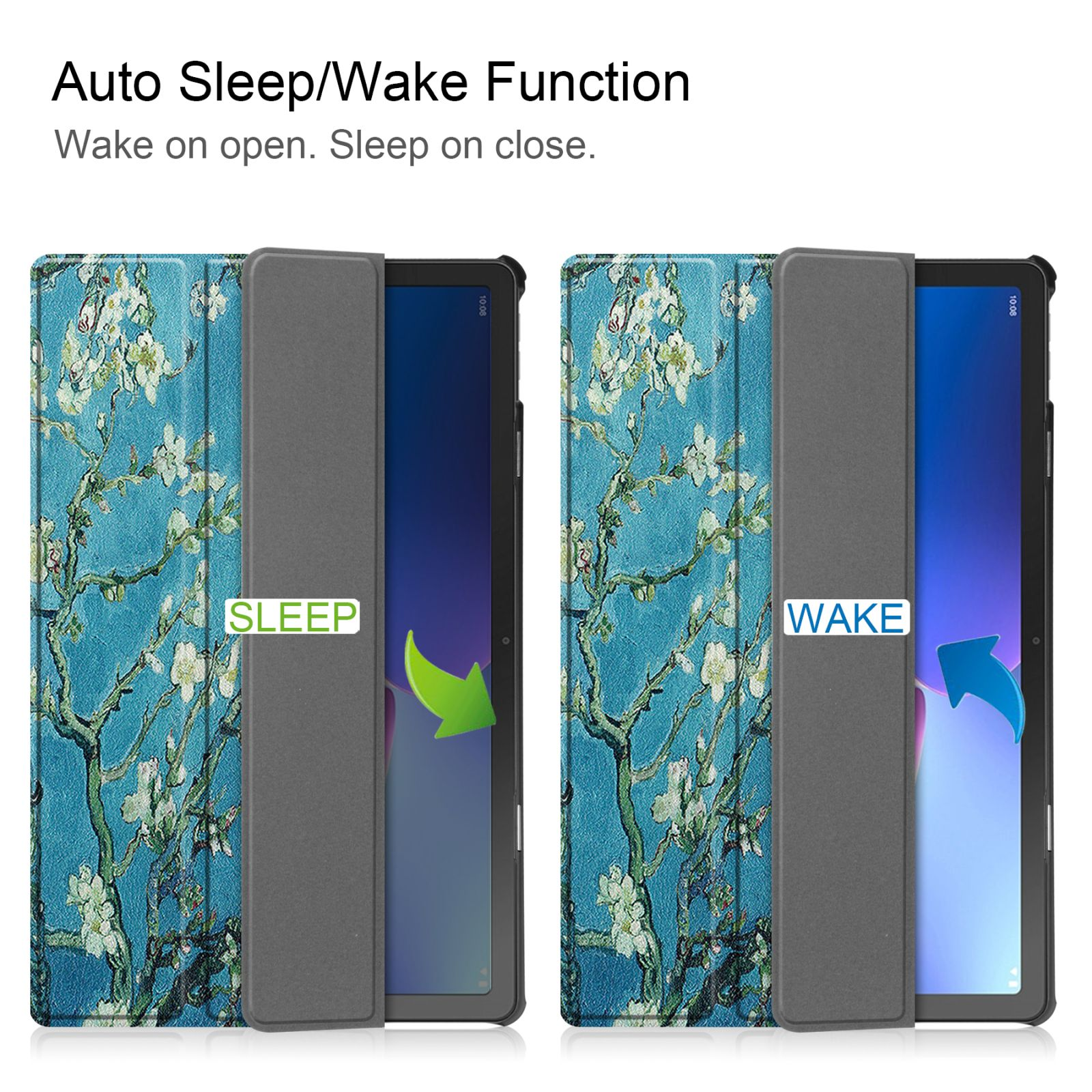 Zwei Tablets mit Hüllen, eines geöffnet und eines geschlossen, mit floralem Design. Text lautet: 'Schlaf' und 'Aufwachen'.