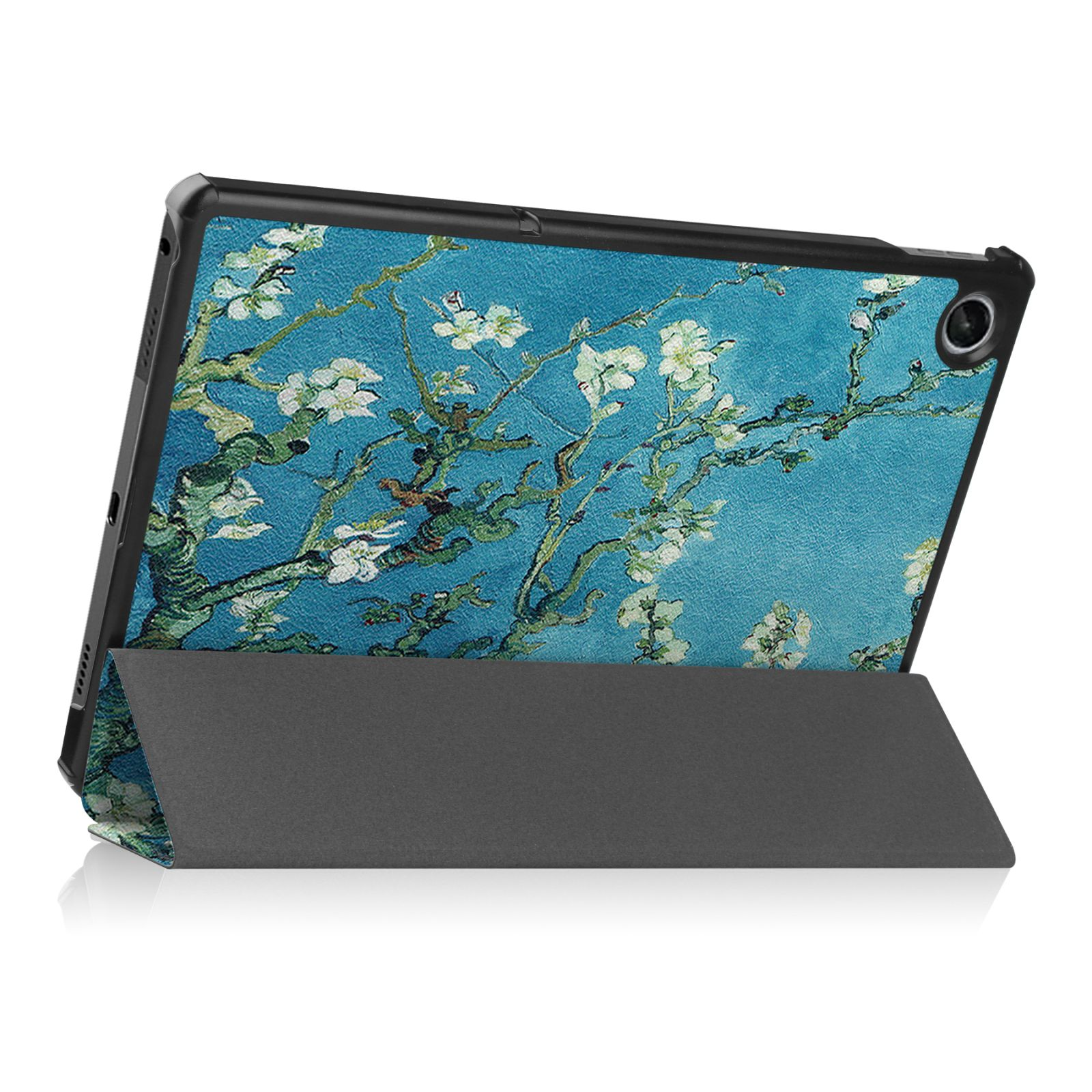 Eine Tablet-Hülle mit einem Gemälde von blühenden Mandelbäumen auf blauem Grund. Die Hülle ist offen.