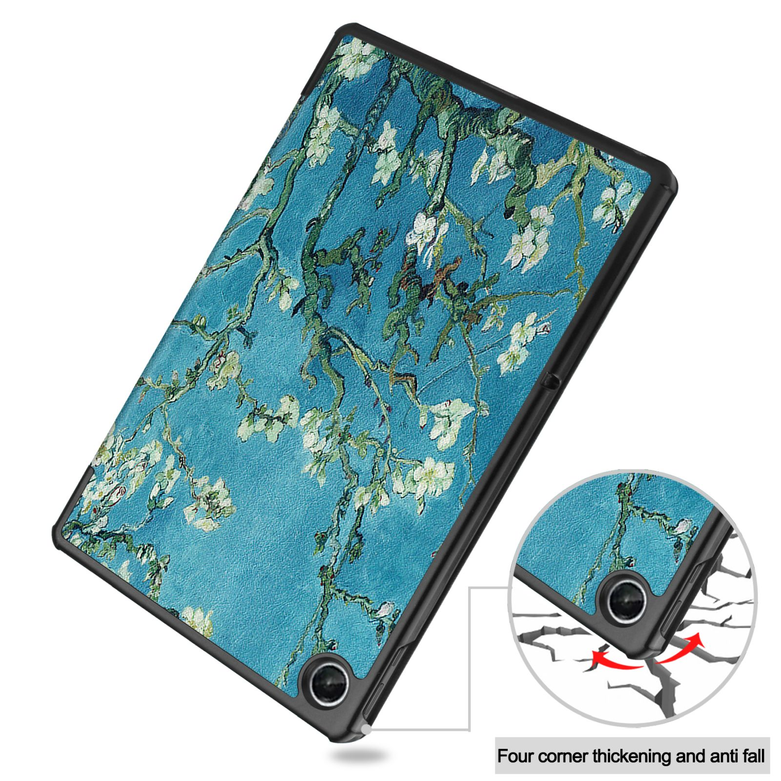 Tablethülle mit Van-Gogh-Kunstwerk. Nahaufnahme zeigt Eckschutz und Anti-Fall-Funktionen.