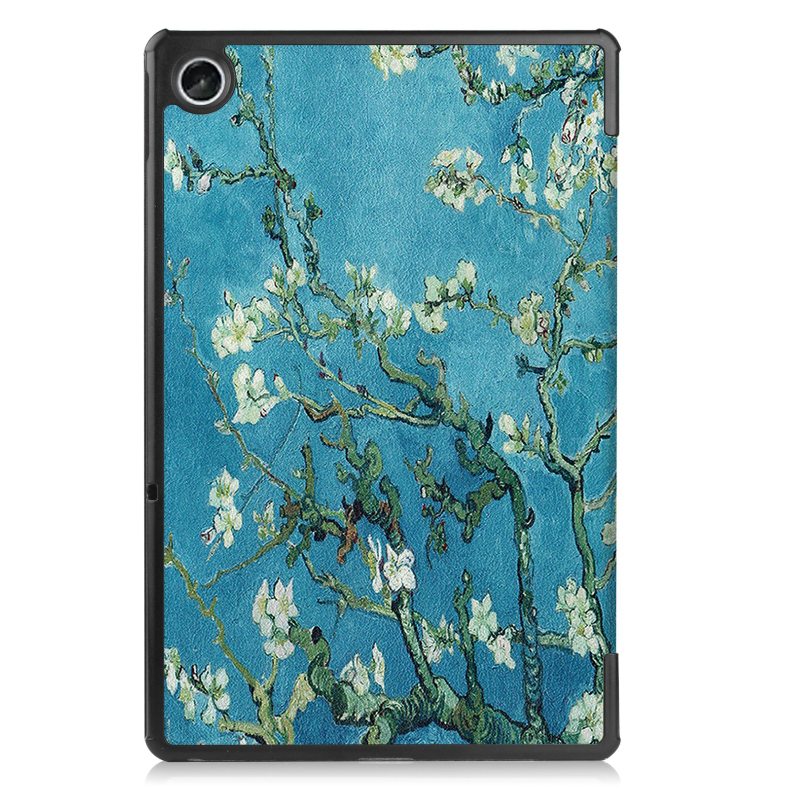 Tablet-Hülle mit Van Goghs Gemälde Mandelblüten. Blauer Hintergrund mit weißen Blumen und Ästen.