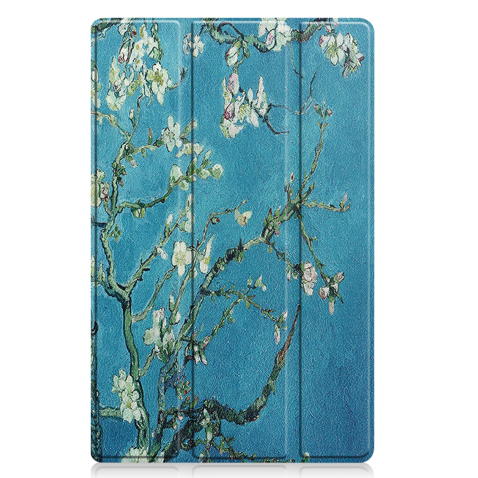 Tablethülle mit floralem Design, das einem Gemälde ähnelt. Der Hintergrund ist blau strukturiert.