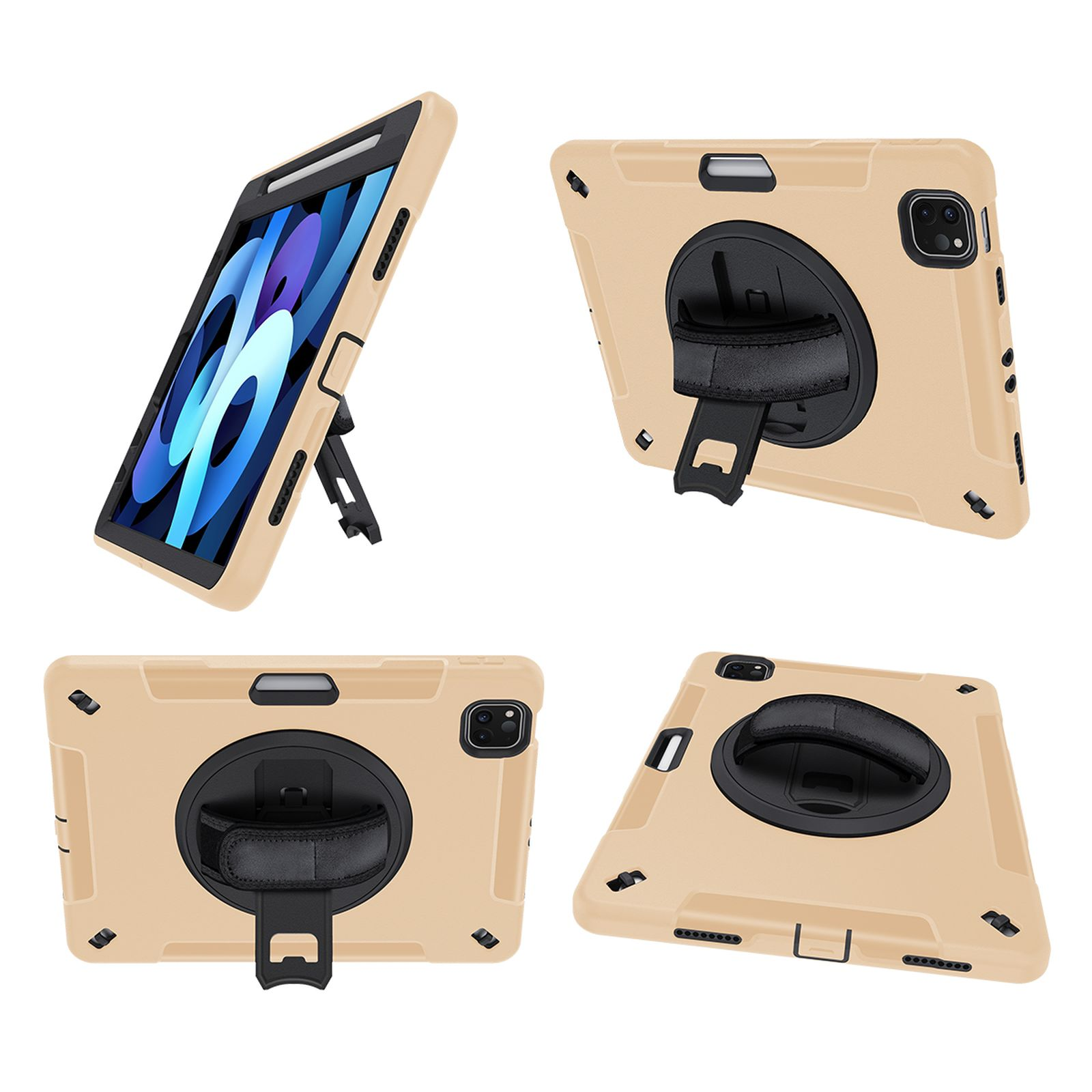 Eine beige Tablethülle mit Ständer und Handschlaufe, in mehreren Ansichten.